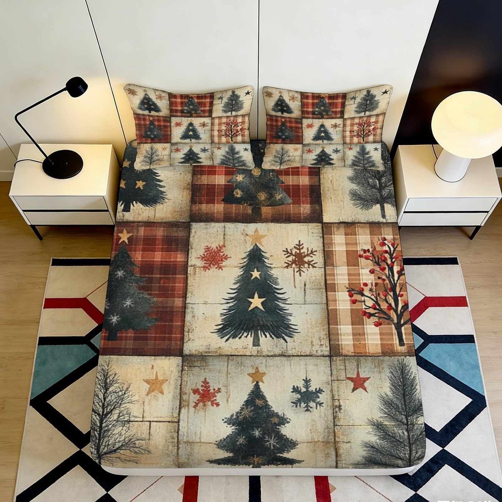 3D Printed Christmas Tree Fitted Sheet Microfiber Plaid Snowflake Bed Cover for Bedroom Dorm Protection Decor 90x200x25cm