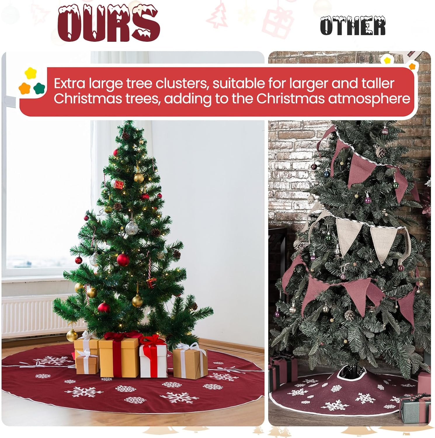 Large Christmas Tree Skirt, Burlap Tree Skirt White Snowflake Xmas Mat for Christmas Home Farmhouse Holiday Indoor Outdoor Decoration (84 Inch,Red)