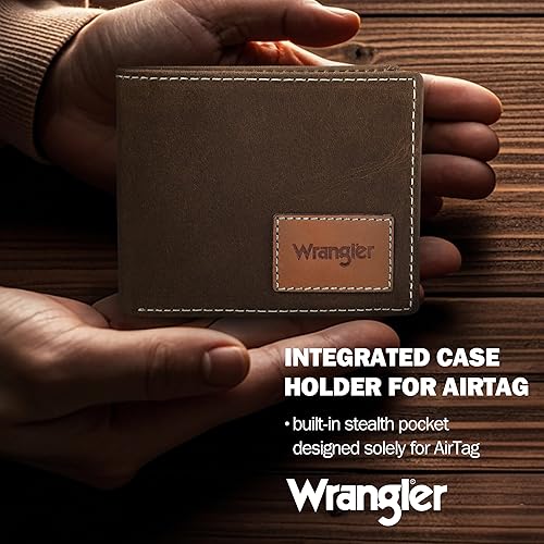 Miniatura 3 de Wrangler Billetera para hombre con soporte AirTag, billetera de cuero genuino con bloqueo RFID plegable, Casual