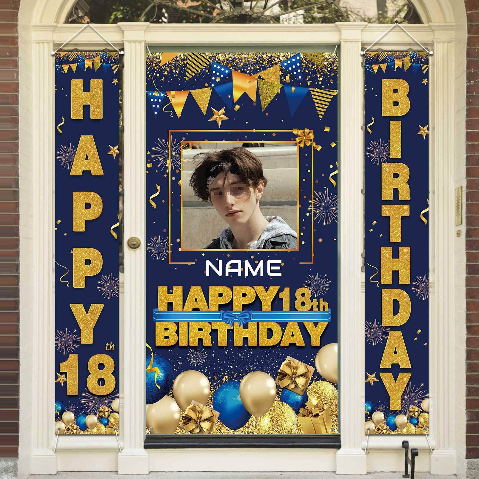 Aubao Custom Photo Birthday Banner Set Personalized Name Door Banners Fabric Backdrop Birthday Decorations Party Supplies Background for Indoor