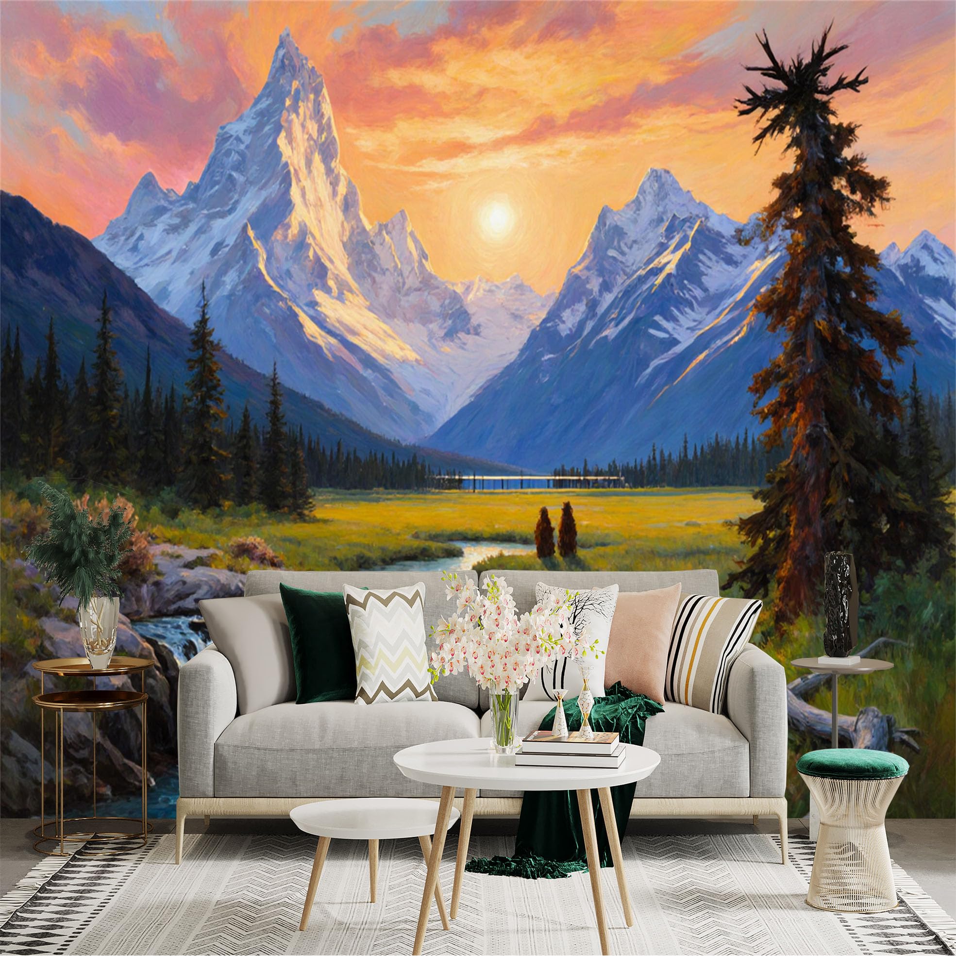 Custom Size Wall Sticker Mural， Sunset Mountain Landscape with River， Pine Trees and Snow Peaks， for wall Decoration， peelandstick wall Decals.