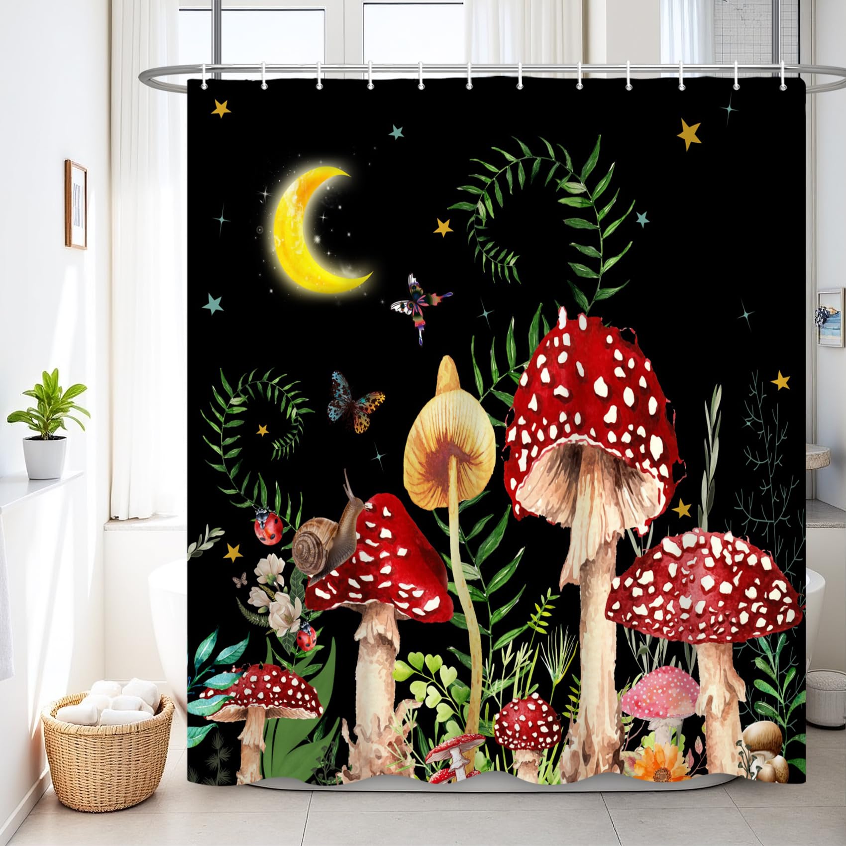 Rideau de douche anti éclaboussure en tissu botanique lune étoile avec 12 crochets