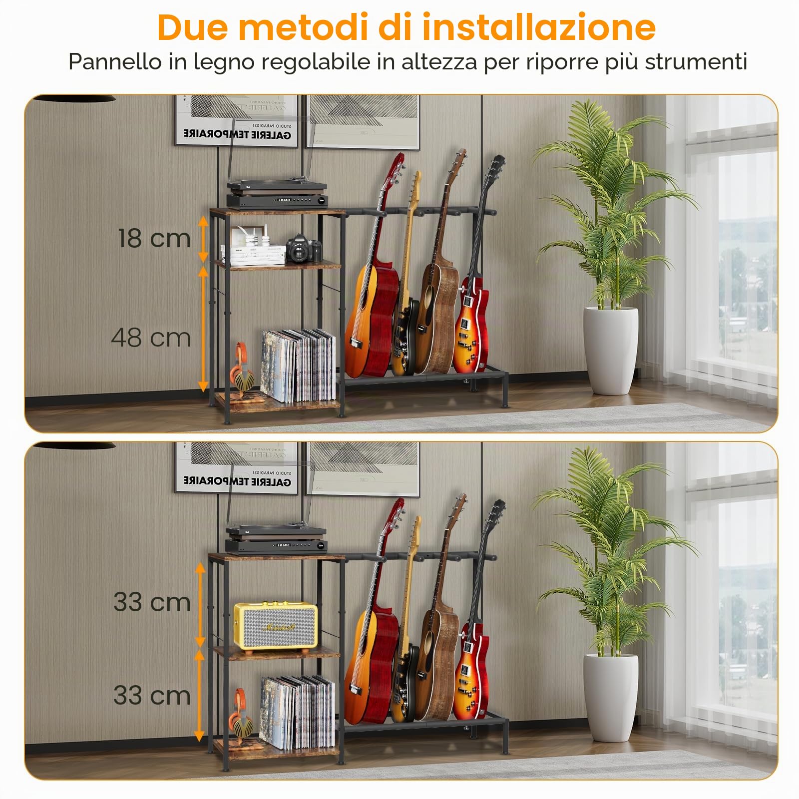 Supporto per chitarra, a 3 ripiani, per chitarra acustica, chitarra elettrica, basso, regolabile, multi display per chitarra, sala musica, studio domestico con ripiano, accessori per