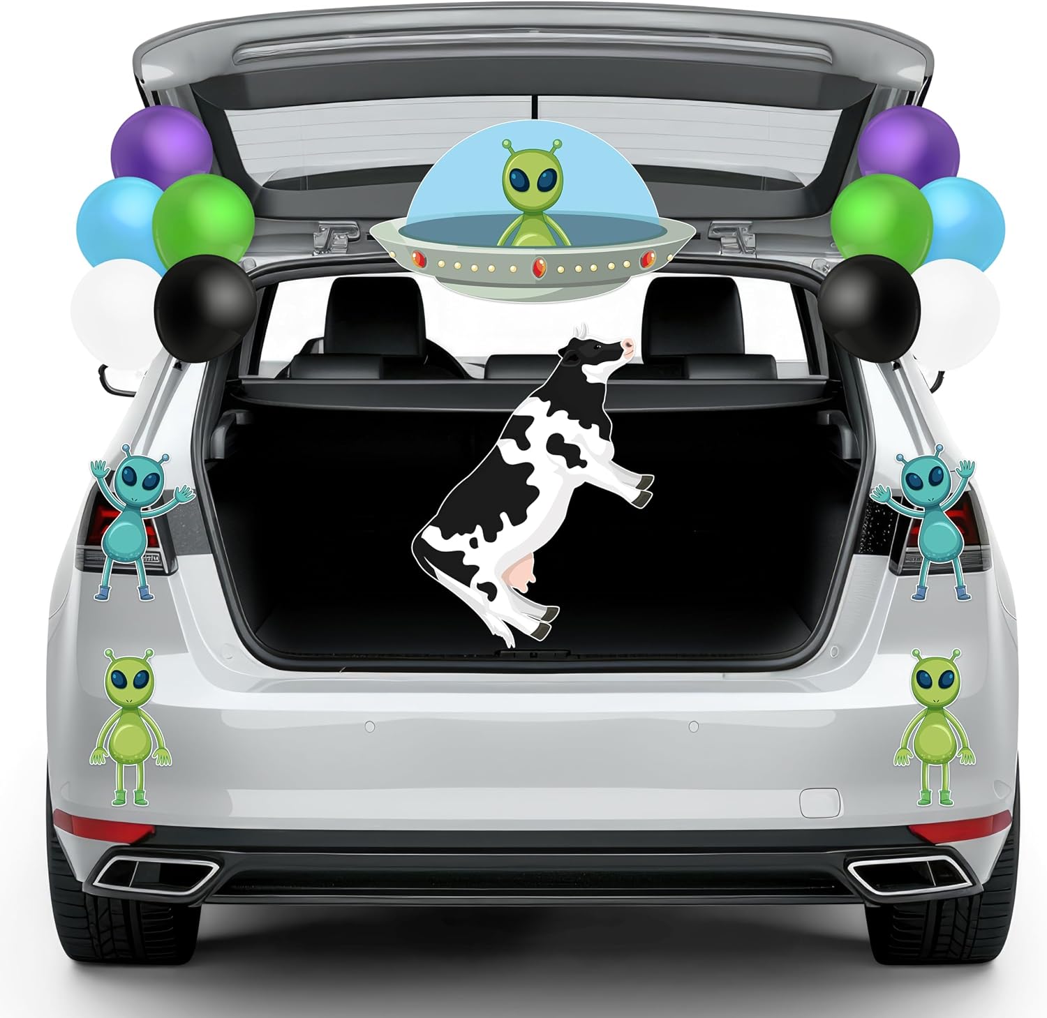 K1tpde 22PCS Christmas Alien UFO Cow Trunk or Treat Outdoor Car Decoration Kit with Balloon Backdrop for Car Archway Garage Door Decor, UFO Cow Abduction Christmas Outdoor Party Supplies