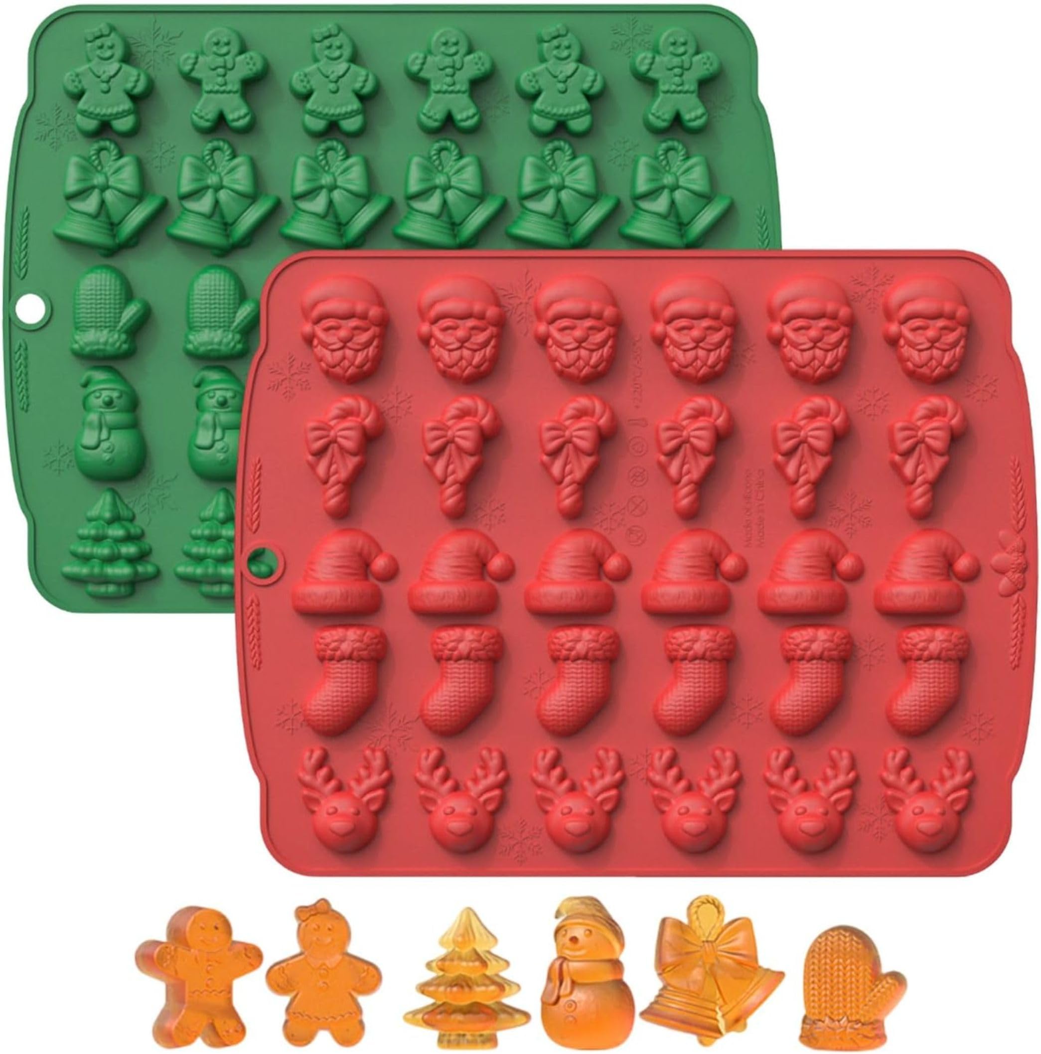 Bake House 2 Pcs Christmas Silicone Molds for Chocolate,3D Christmas Tree Candy Silicone Mold 60 Cavity Small Baking Molds for Claus Elk Snowman Santa Bells Gloves Socks Shape D0991/LBM-1169-LBM-1170