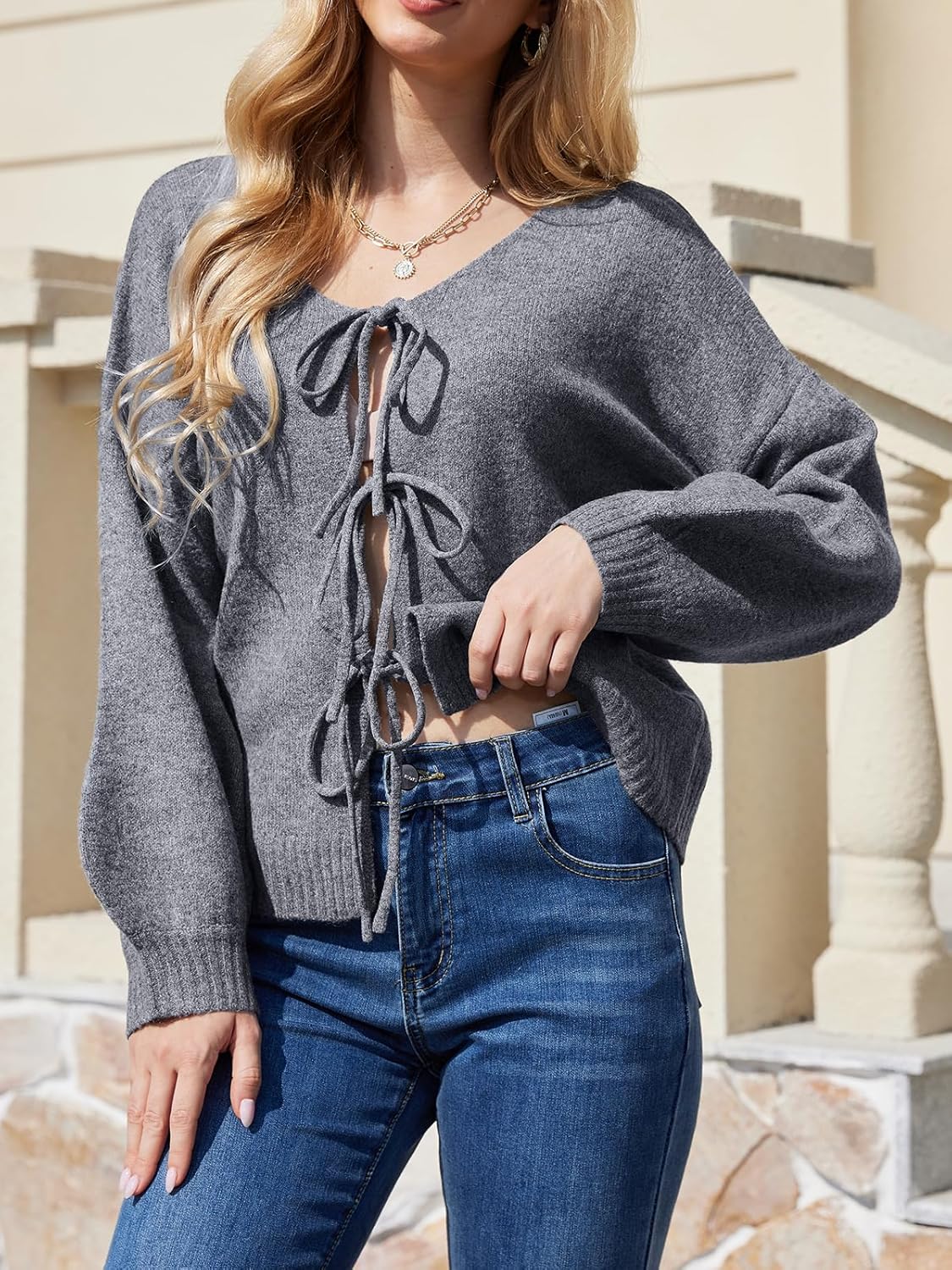 UNCLECAT Womens Bow Tie Front Cardigan Sweaters Oversized Fall Open Front Cardigans Cute Loose Knit Tops - Image 2