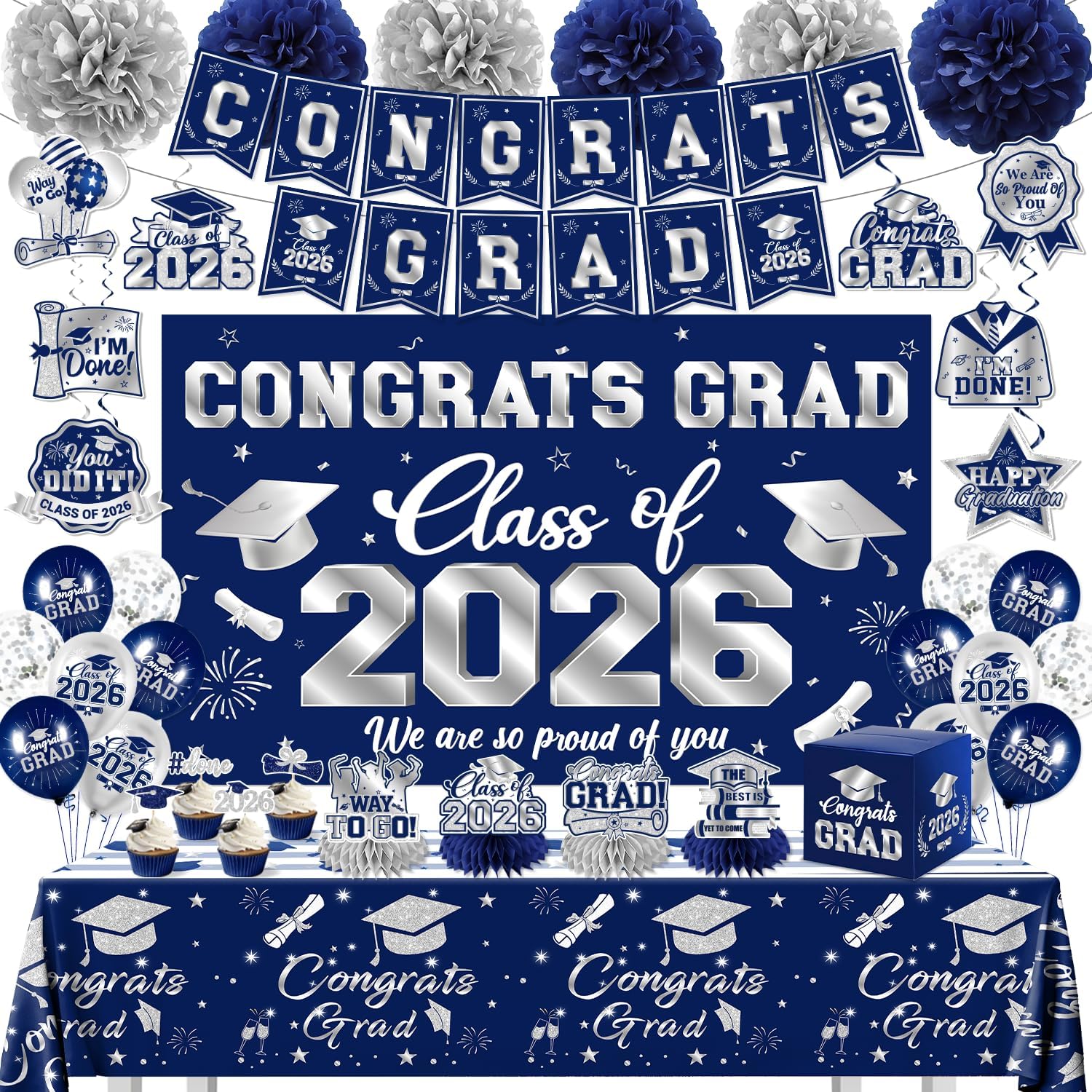 2026 Graduation Decorations Kit - Navy Blue Silver Class of 2026 Party Decor with Congrats Grad Banner Backdrop Hanging Swirls Paper Pompoms Balloons for High School College Graduation Party Supplies