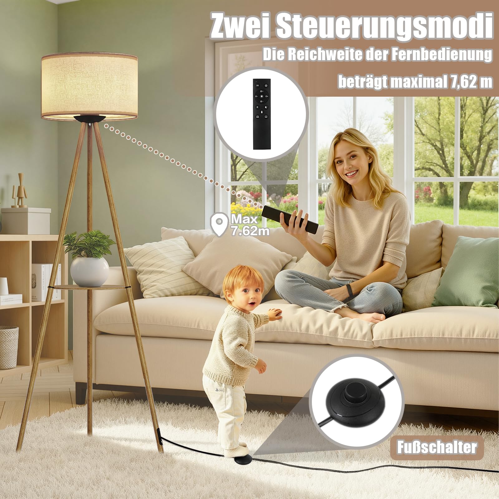 TLGREEN Dreibein Stehlampe Wohnzimmer, Stehlampe Dimmbar, 3 Farbtemperatur