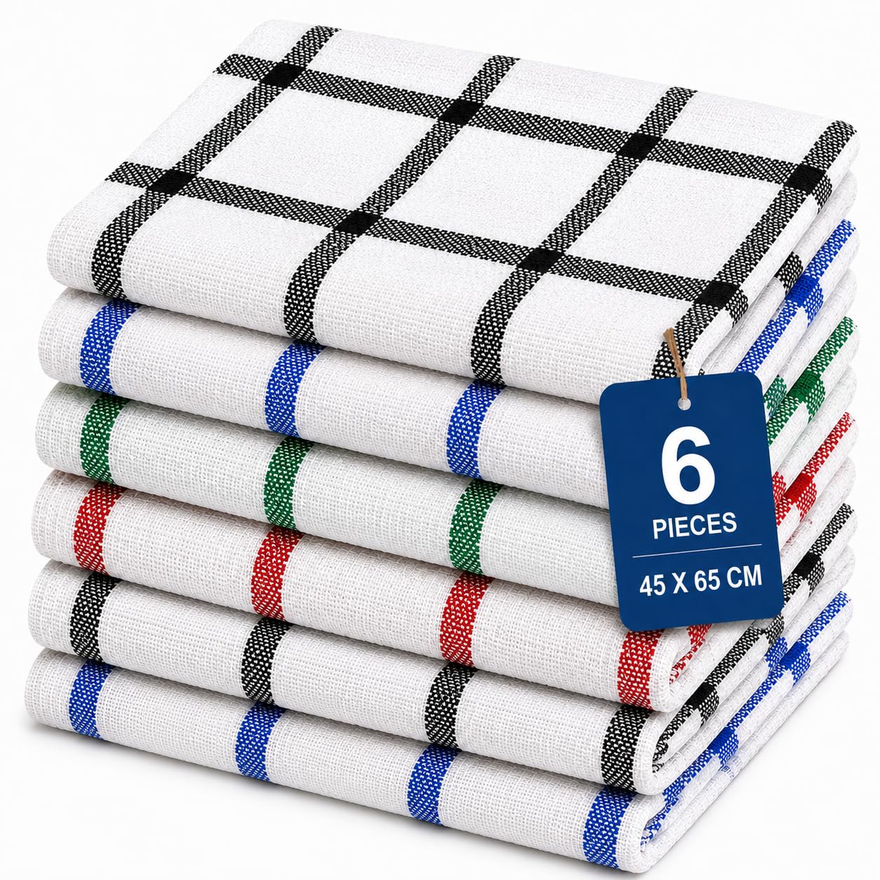 PrintWink Kitchen Tea Towels Set | 100% Cotton Terry Dish Towels | Highly Absorbent Big Check Tea Towels for Drying Dishes, Glassware & Kitchen Cleaning | 40 x 70 cm | Assorted | Pack of 6