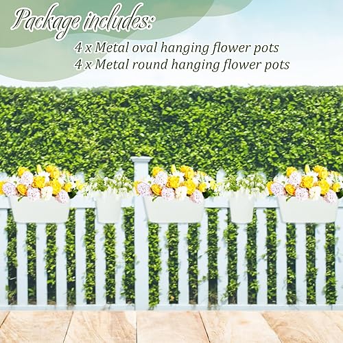 Miniatura 3 de Tessco 8 macetas de balcón, barandillas colgantes de metal y hierro, macetas ovaladas blancas, soporte redondo con ganchos desmontables para