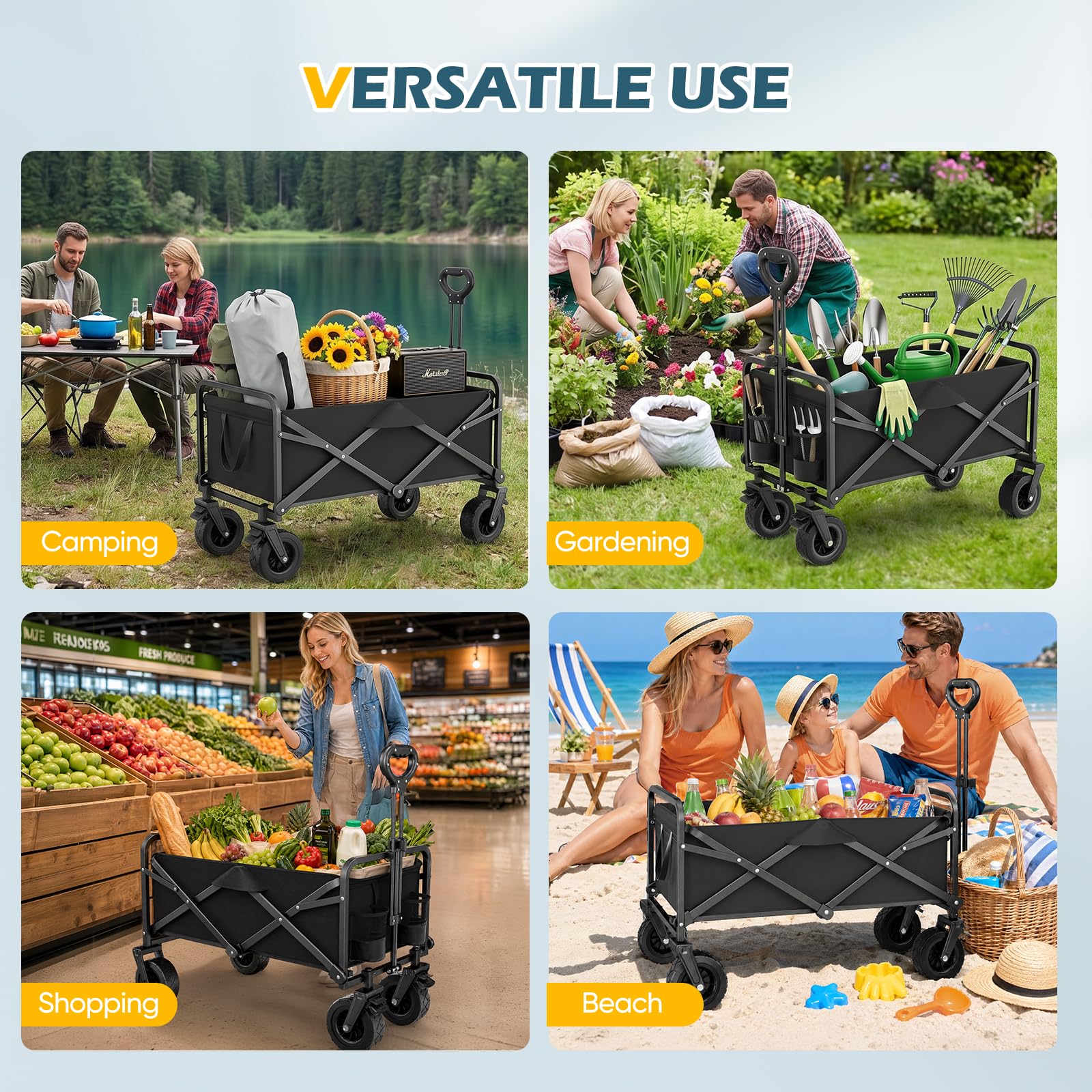 Carrello da giardino pieghevole da 100L con ruote larghe rimovibili, carrello da campeggio portatile, carrello pieghevole per spiaggia, giardino, picnic, shopping, pesca, manico regolabile, nero