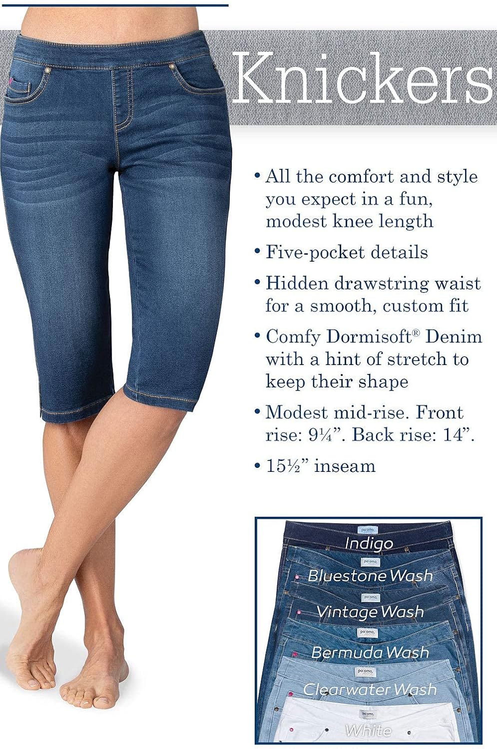 PajamaJeans Ladies Bermuda Shorts for Women - Pedal Pushers for Women Knee Length Shorts - Pull on Shorts Women with Pockets