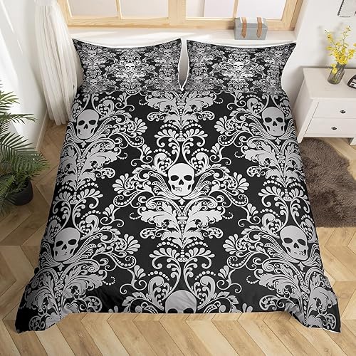 Miniatura 3 de Juego de ropa de cama de damasco gris para adultos, funda de edredón barroca victoriana antigua, tamaño King, funda de edredón floral gótica