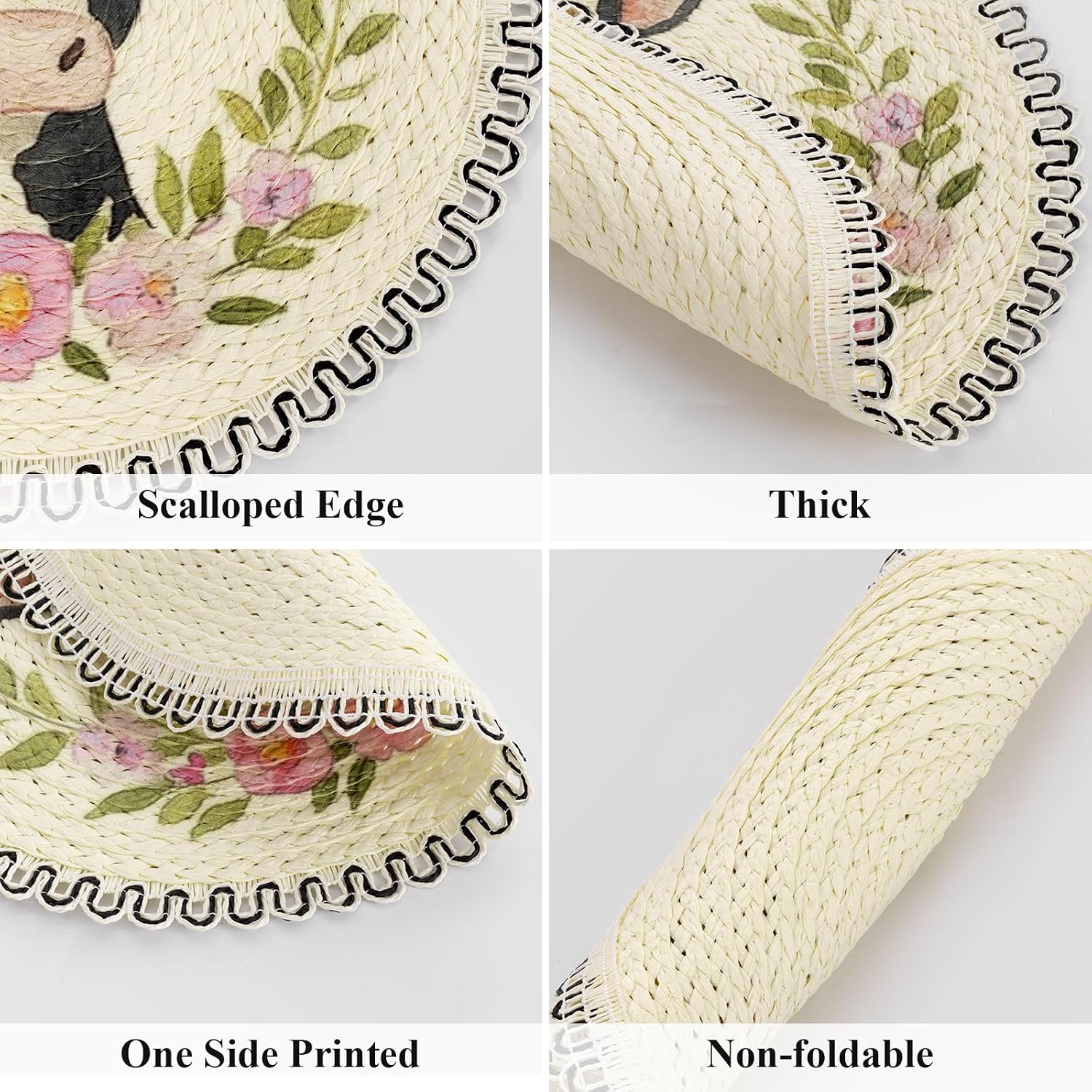 SHACOS Farmhouse Cow Floral Printed Round Placemats Set of 6 Natural Material Wipeable Place Mats Rustic Countryside Farm Scalloped Table Mats for Kitchen Dining Room Decor