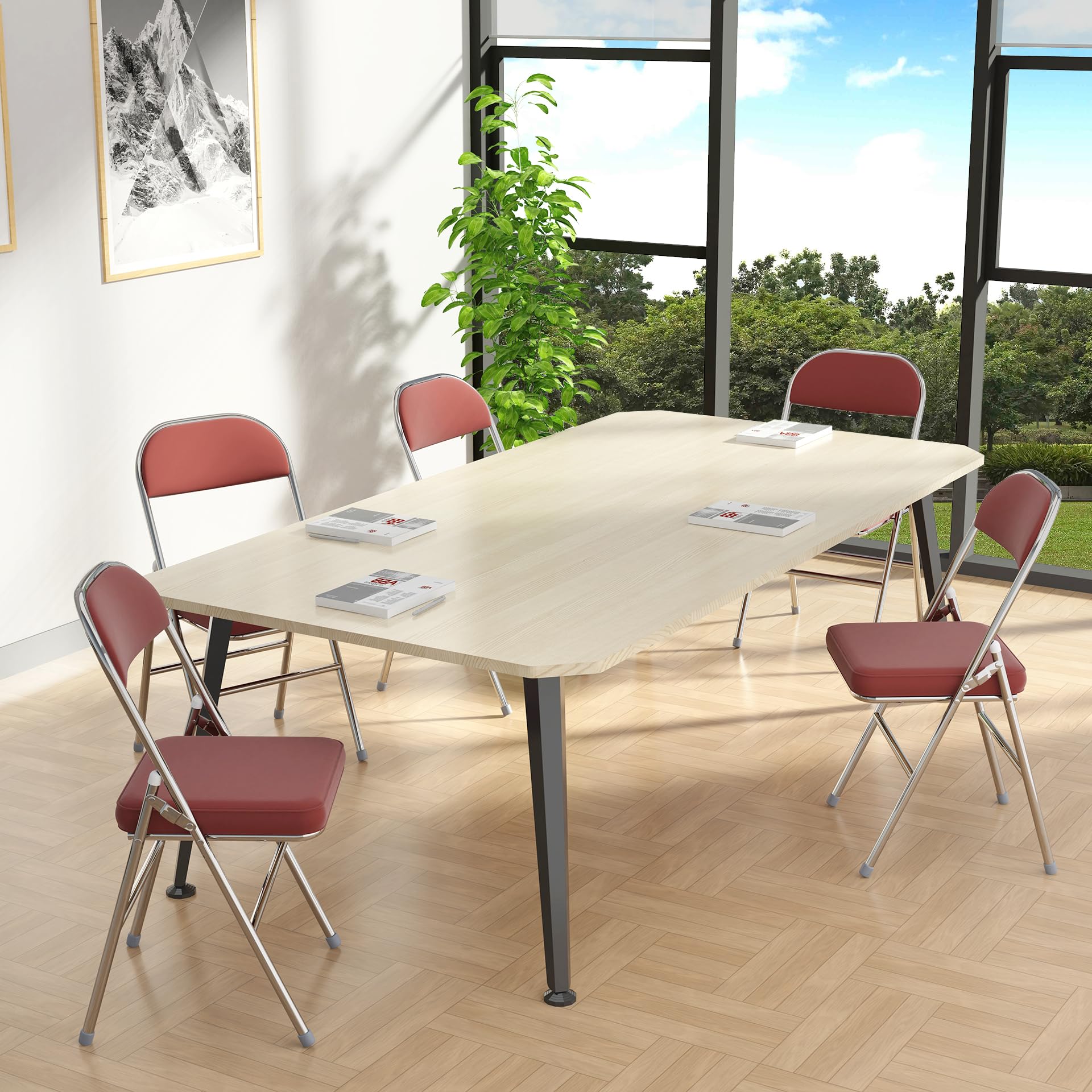 Chleby Juego de 4 Cómoda Silla Plegable sillas Plegables de Cuero para Cocina con cojín Grueso, sillas de Comedor Plegables para Cocina, Interior, Exterior, Sala de conferencias Burdeos