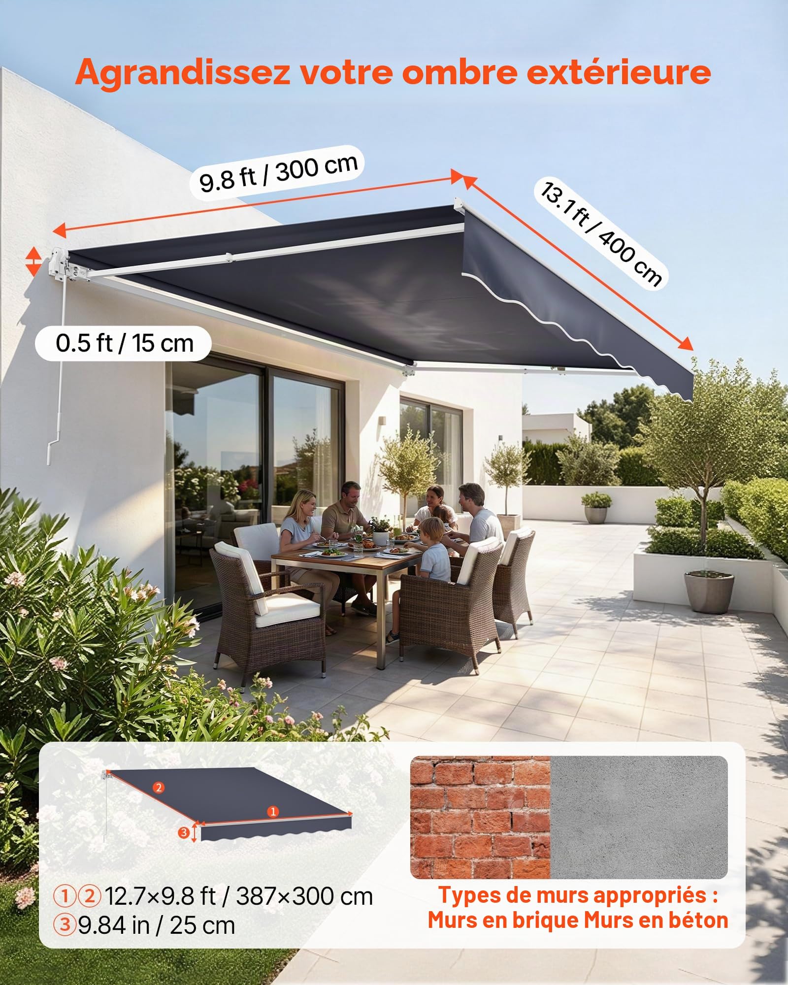 VEVOR Store Banne Manuel 400x300 cm Auvent Rétractable pour Terrasse et Balcon, Extérieur, Devantures de Cafés, de Restaurants, de Boutiques, avec Manivelle, Angle d'Inclinaison 45°-85°, Gris Foncé
