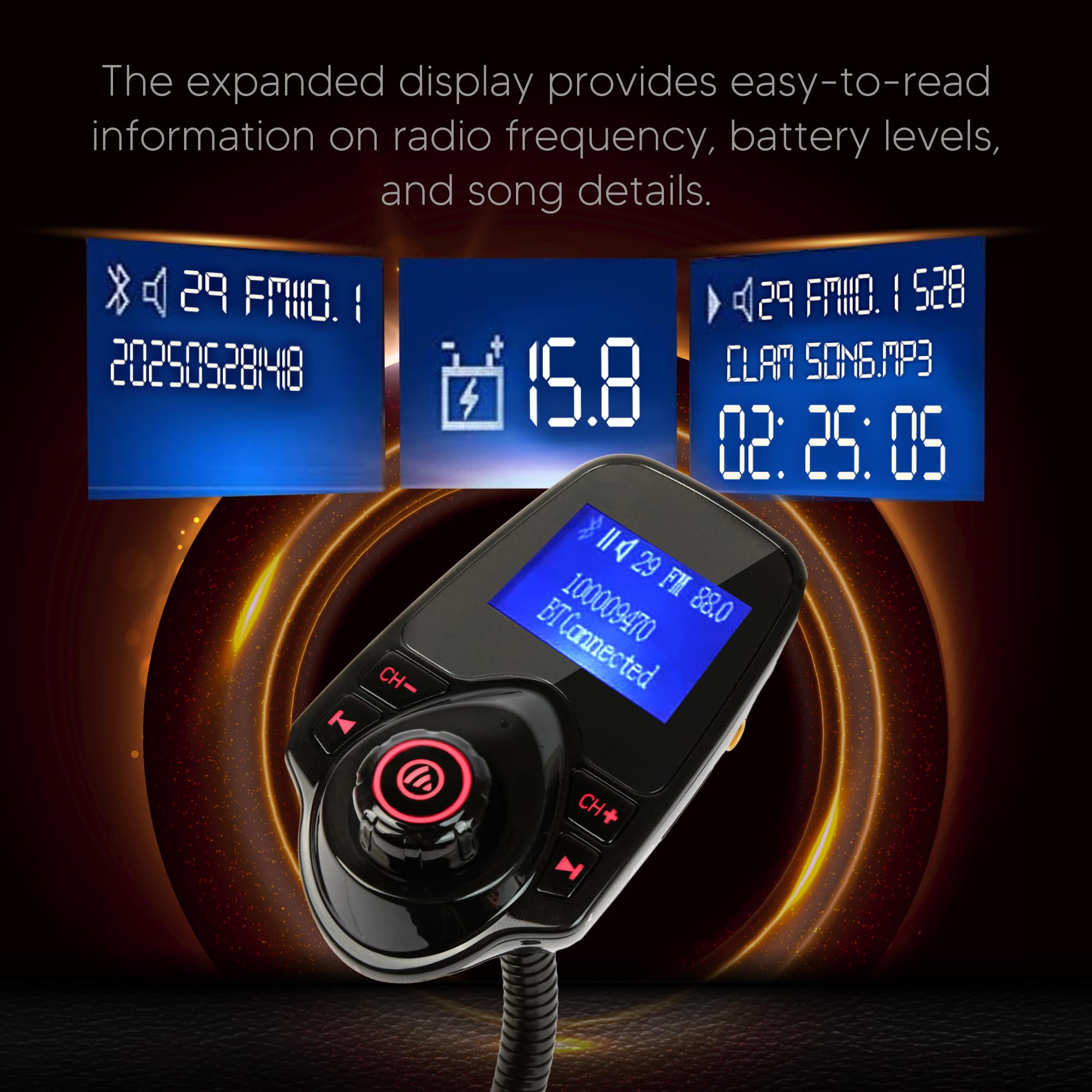 ONN Upgraded 2025 Auto Bluetooth FM Transmitter - 1,44 Zoll Display, Flexibler Schwanenhals, Freisprecheinrichtung, Wireless Music Player, Radio Adapter, USB Ladegerät, Micro SD Karte & AUX