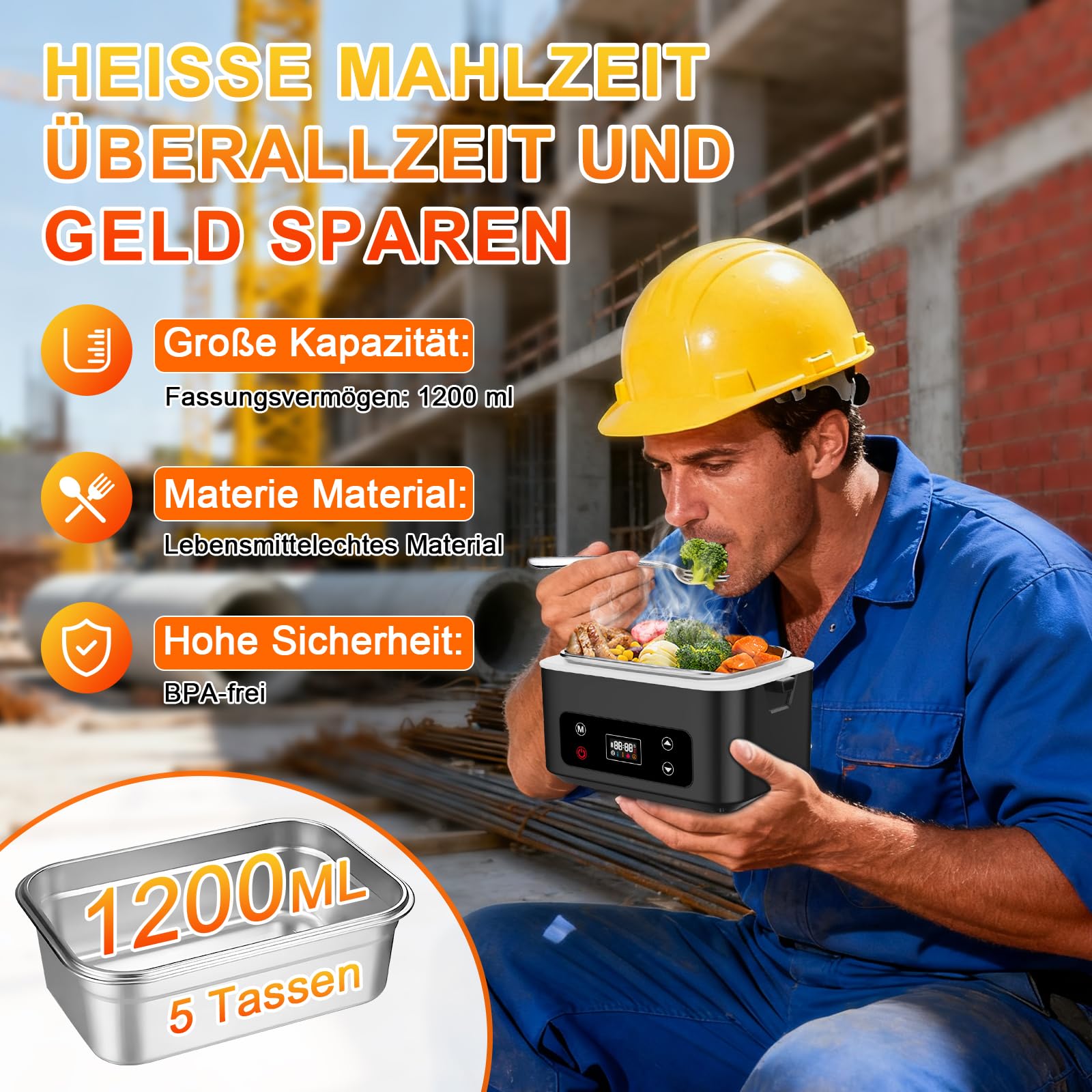 Elektrische lunchbox hermobehälter für Essen mit Akku – 24000 mAh,1,3 L beheizbare lunchbox,3D-Vollflächenerwärmung & Temperaturkontrolle –lunchbox elektrisch Ideal für LKW,Büro und Reisen (schwarz)