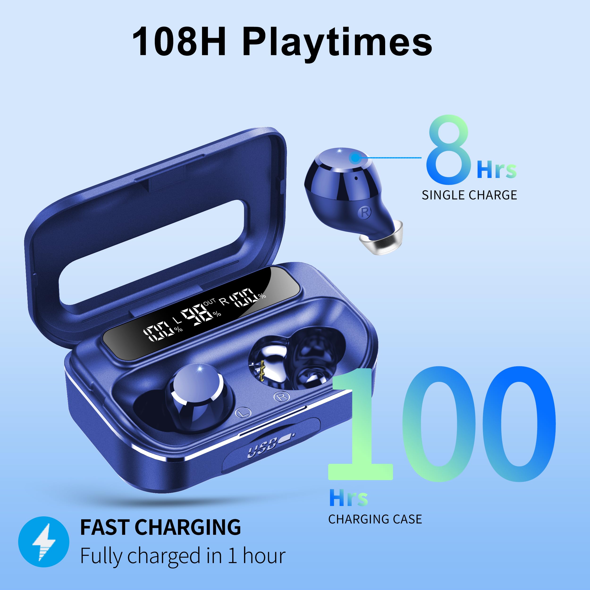 Auriculares Bluetooth, auriculares inalámbricos Bluetooth 5.3 con 4 micrófonos de cancelación de ruido ENC, auriculares inalámbricos 2026, 128 horas de tiempo de reproducción, indicador LED, IP7