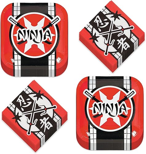 Ninja Warrior - Paquete de fiesta de postre  Juego de platos de papel, servilletas, vasos, cubierta de mesa y globos de látex (sirve 16)