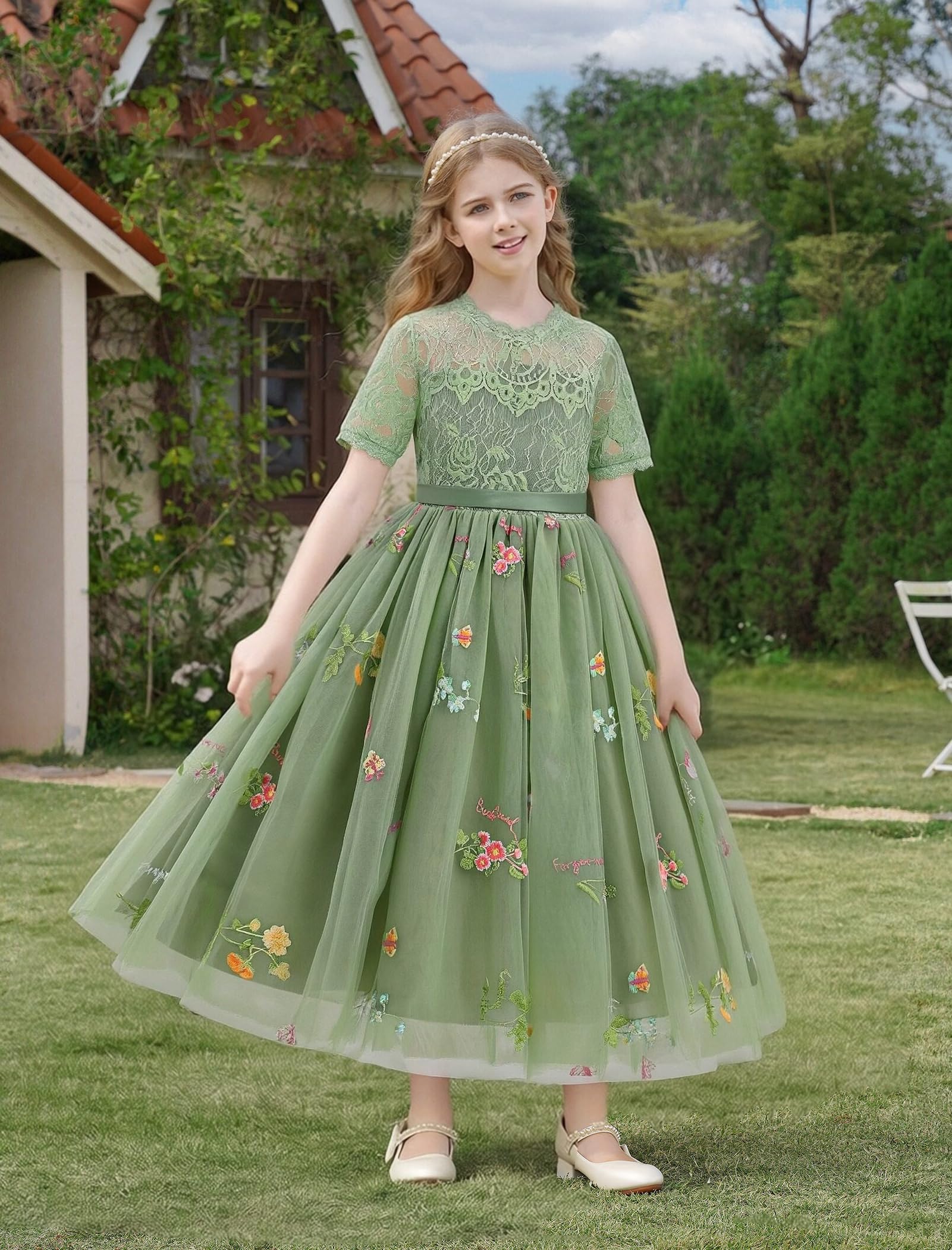 Abito da bambina in pizzo, a maniche corte, girocollo, in tulle, da principessa, per compleanno, damigella d'onore, matrimonio, festa, cerimonia, prima comunione