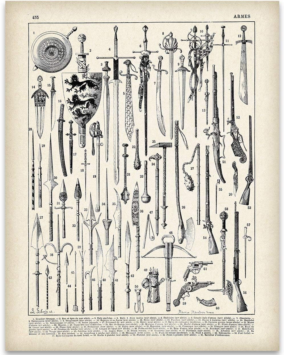 Vintage French Weapons Illustration - 11x14 Unframed Art Print - Great Gift Under $15 for History and Weaponry Buffs