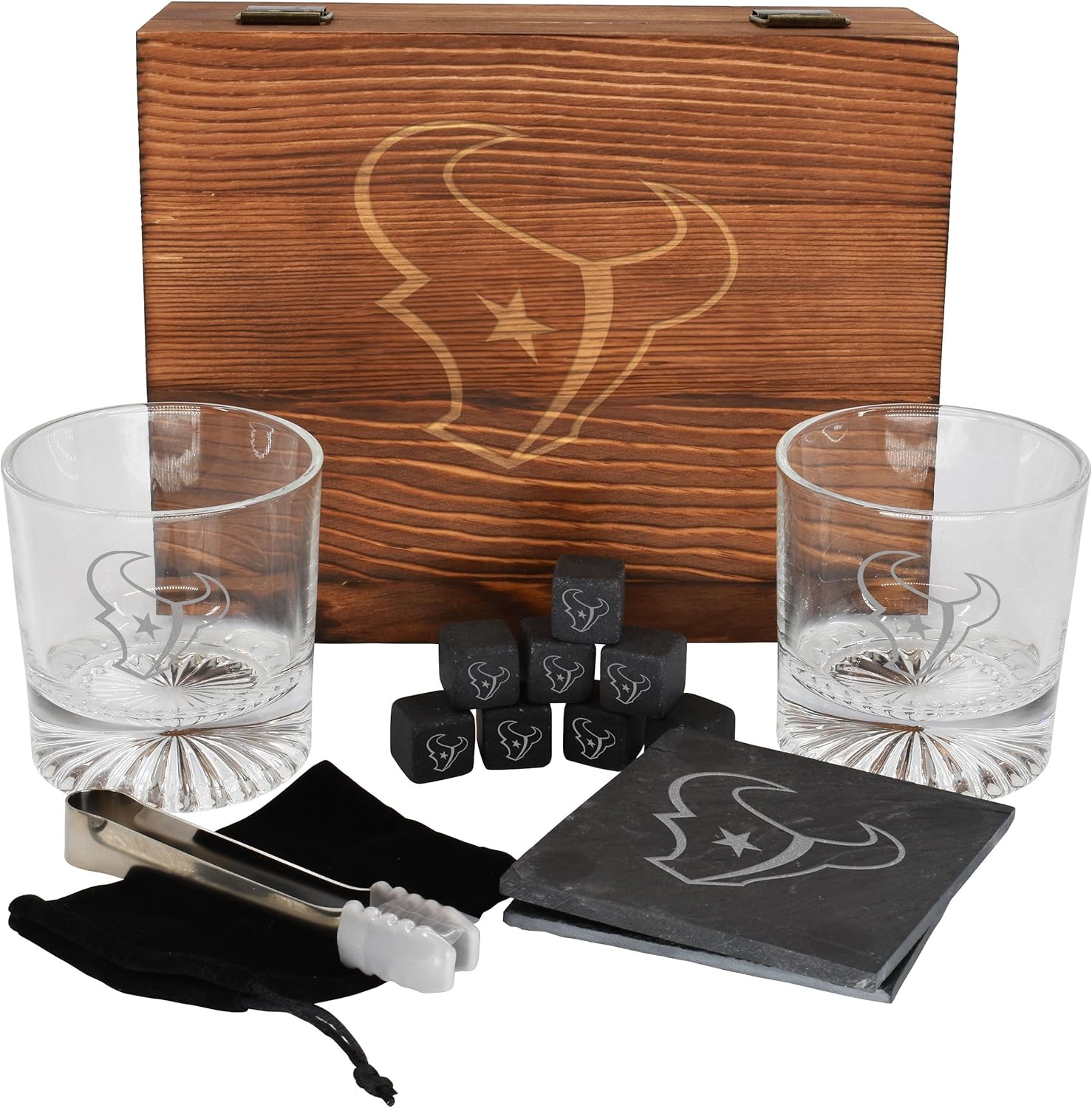 The Memory Company Licensed NFL Wood Boxed Drinkware Gift Set - Includes 2 Premium Rock Glasses, Cooling Cubes, Tongs, and Coasters, Dallas Cowboys