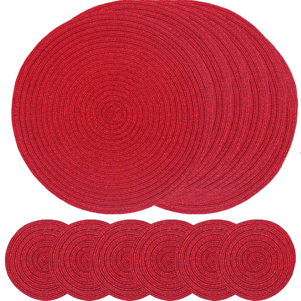 SCF2017 Round Woven Glitter Plastic Placemats 30cm Hollow Table Mats and 11cm Coasters,Set of 6,Red
