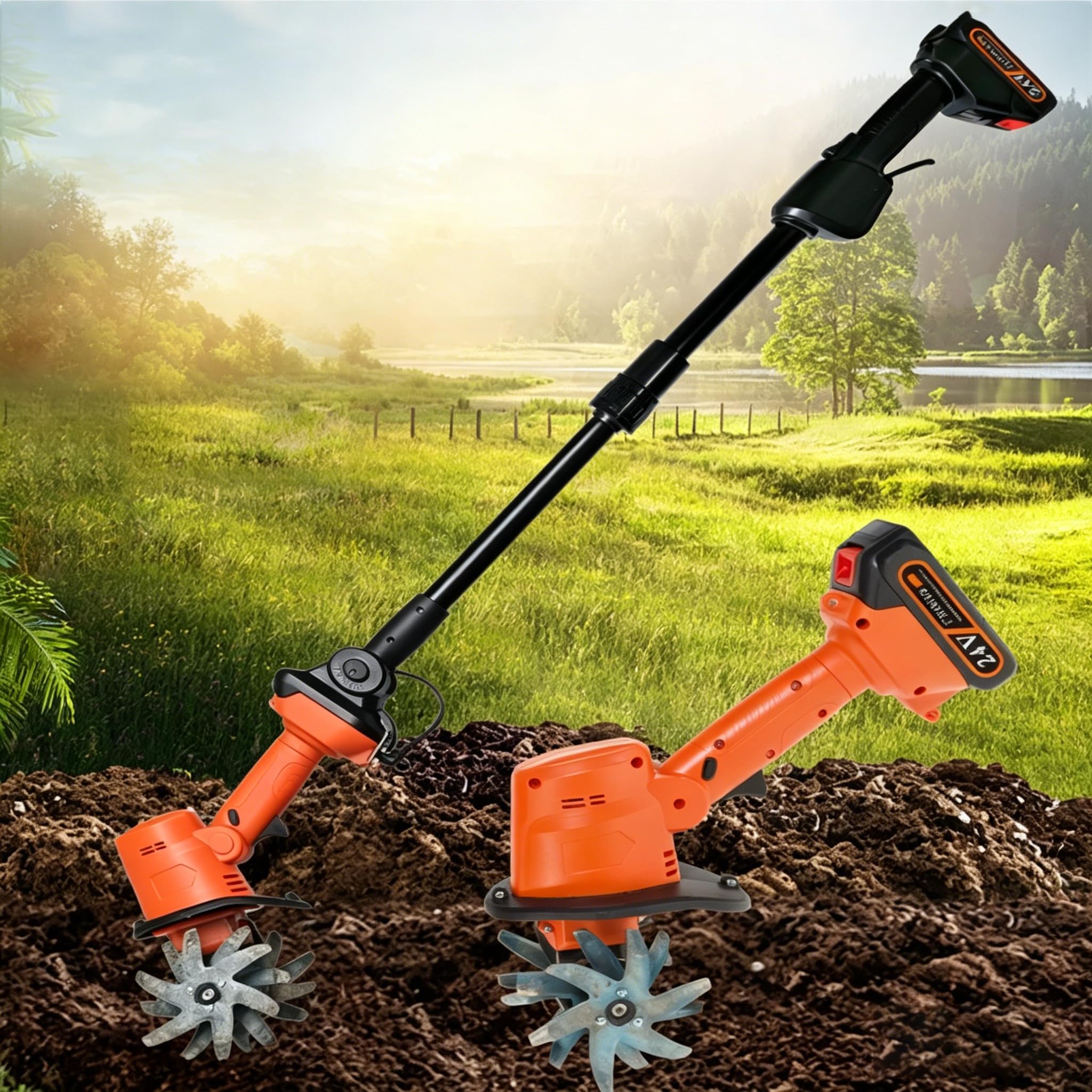 Cultivador Mini Inalámbrico, Cultivador Eléctrico De 21 V con 2 Baterías Y Pértiga Larga, 235 RPM, 10 Cm De Profundidad Y 10 Cm De Ancho De Labranza, Rotocultivador Eléctrico para Jardinería Y Césped