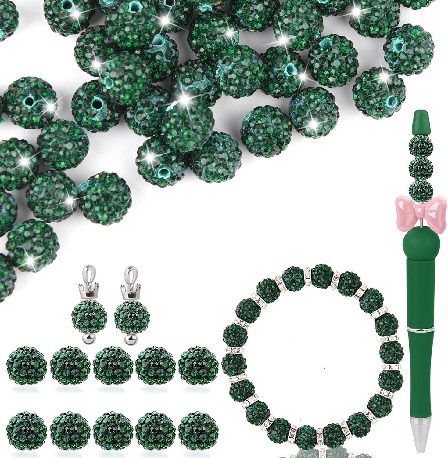 Clay Rhinestone Beads for Crafting, 10MM Emerald Green Round Shamballa Disco Ball Beads for Pens Making, Sparkle Crystal Clay Bead for Jewelry Necklace Bracelet Earring Making 50Pcs