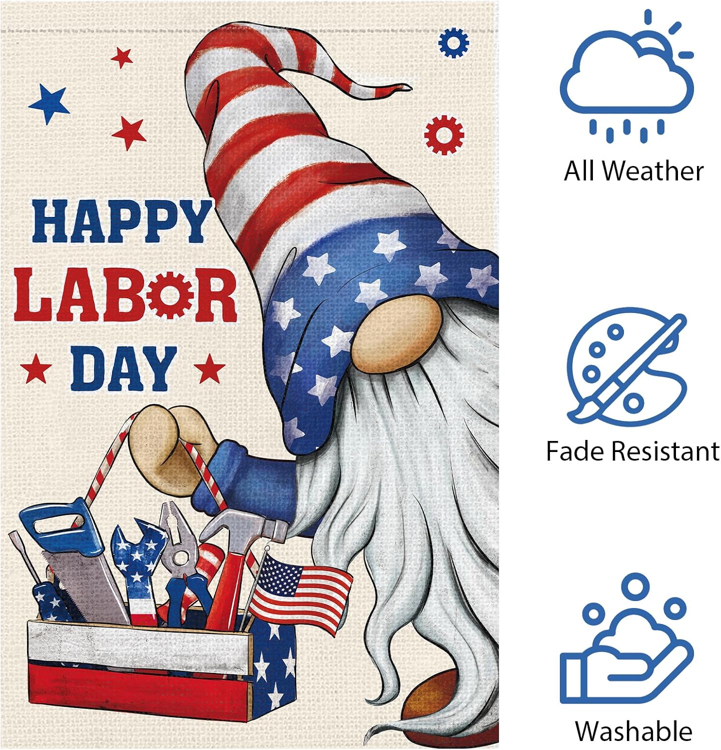 Heyfibro Happy Labor Day Gnome Garden Flag 12 x 18 Double Sided Burlap Working Tools Patriotic USA Flags for Outdoor Outside Farmhouse Decoration (ONLY FLAG) image 5