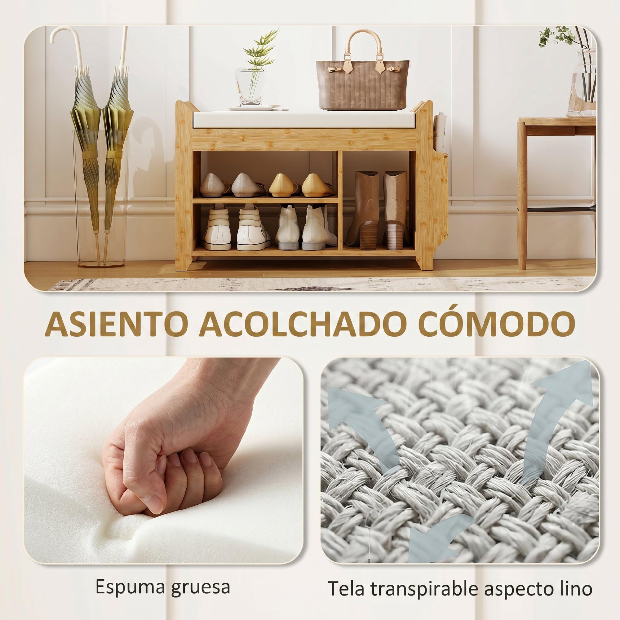 HOMCOM Banco Zapatero con Asiento Acolchado 80x30x50 cm Natural y Beige | Banco Recibidor, Almacenamiento Lateral, Estante para Botas, Marco de Bambú, Entrada de Casa, Pasillo, Salón