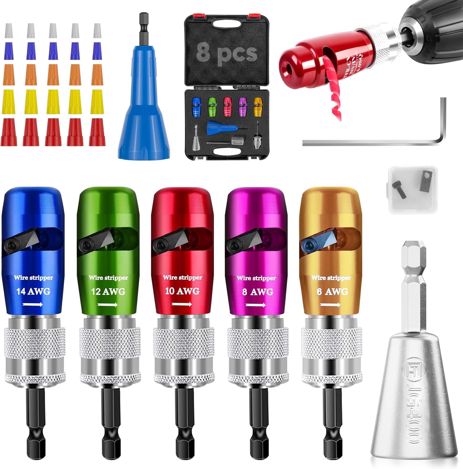 Drill Wire Stripper & Twister Tool Kit - Strips 10-14 AWG, Twists 2-5 Wires, 1/4" Hex Shank, Includes Strippers, Bits, Organizer & Nuts - View #10