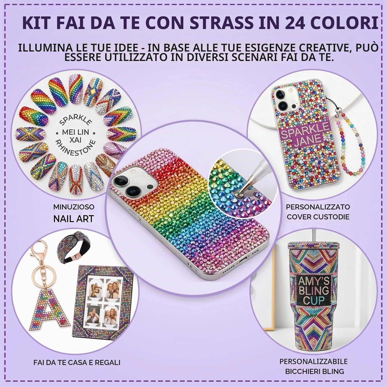 Kit Bedazzler Strass per Unghie Kit di Decorazione con Pietre Glitter da 3 mm Pinzette e Set di Strumenti Strass in Resina Jelly a Base Piatta per NailArt Fai da Te Tessuti e Diamond Painting 24Colori