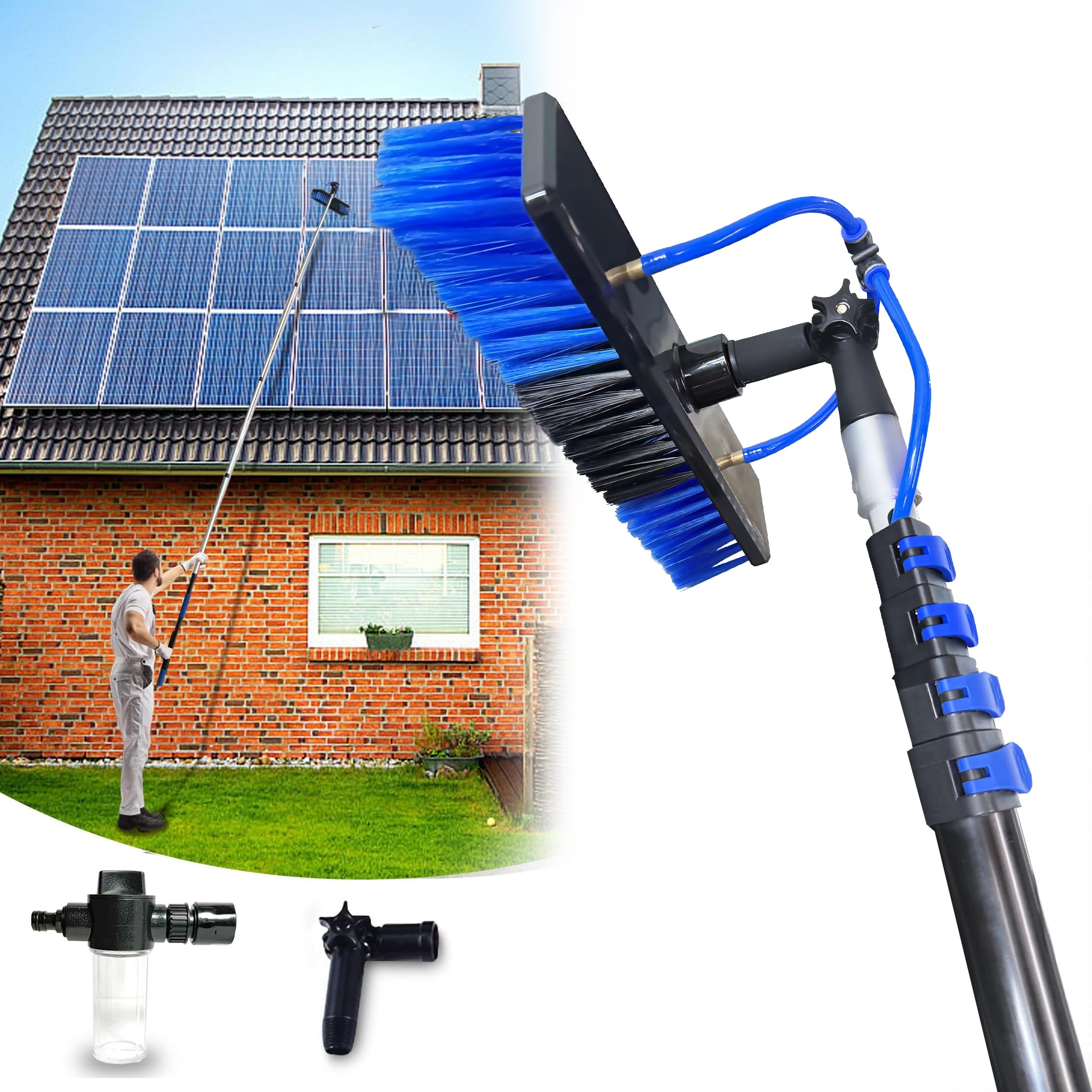 BSFRNF 16FT Solar Panel Cleaning Kit with Telescopic Pole & Soap Dispenser, Water Fed Solar Panel Brush for Home/Roof/Caravan, Extendable Window Cleaner Tool for RV, Boat, Deck & Outdoor Use (16FT) : Patio, Lawn & Garden