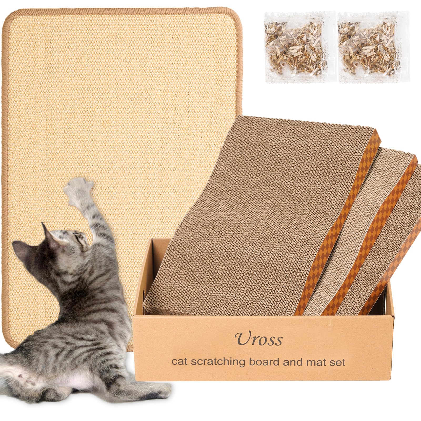 Uross Cat Scratching Board Mat Set- Cardboard Cats Scratcher Pet Scratch Pads Box Scratching Pads for Indoor Cats Sisal Kitty Scratcher Mat Scratch Pad for Cat Horizontal