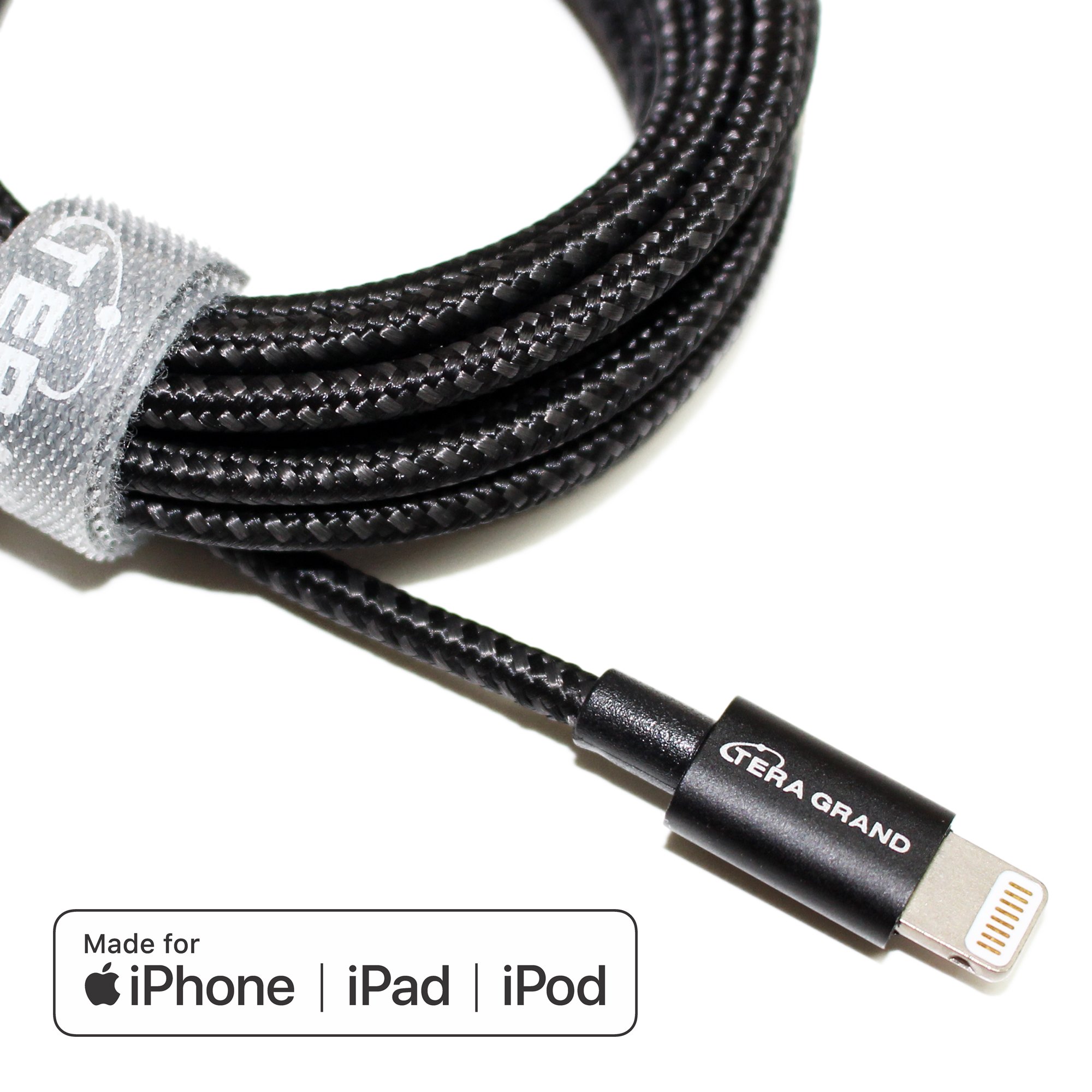 Tera GrandApple MFi Certified - Lightning to USB Braided Cable with Aluminum Housing, 7 Feet iPhone Xs XS Max XR 8 8 Plus 7 7 Plus iPad Pro Air Mini iPod (Black & Gray)