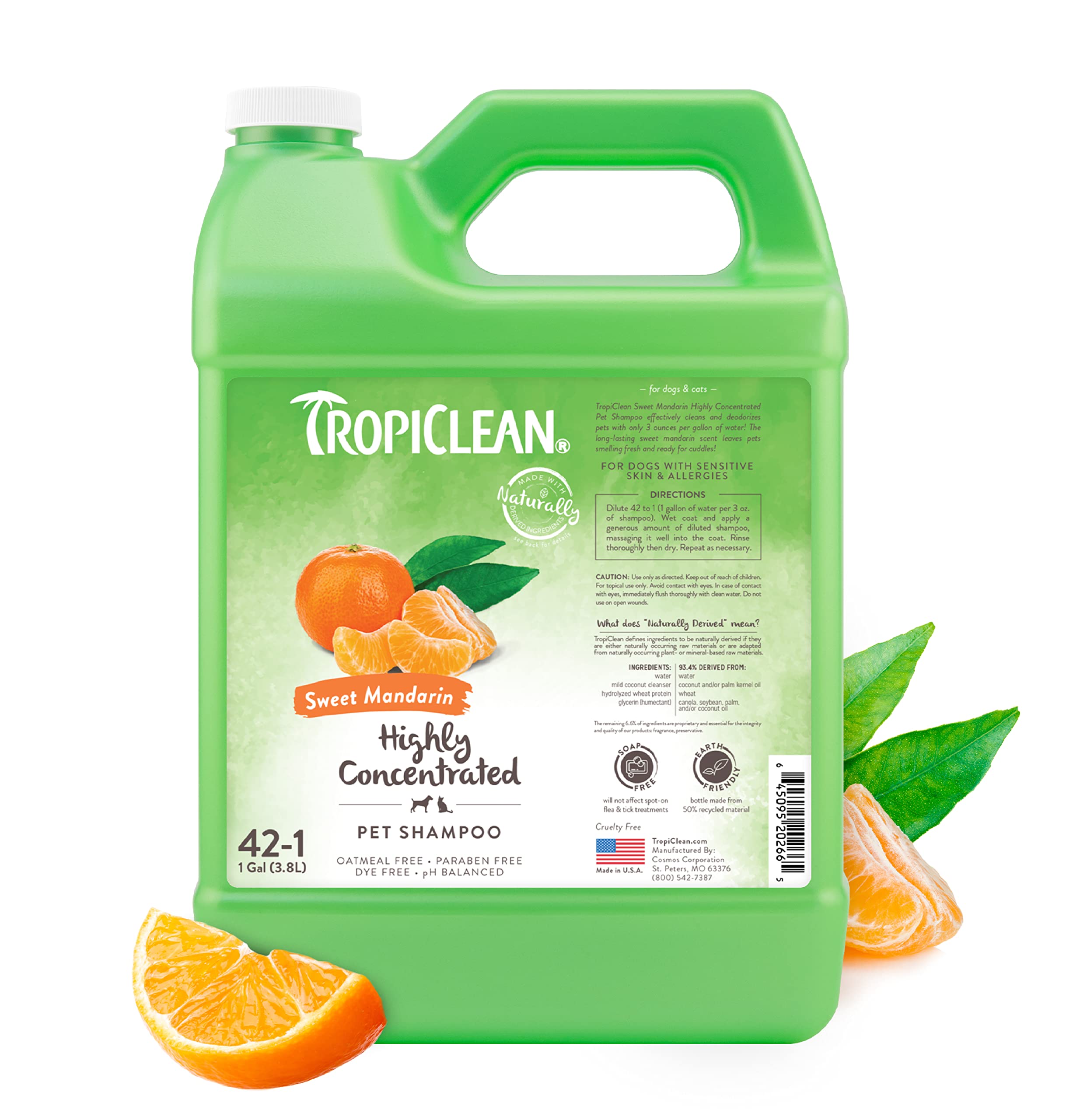 TropiClean High Concentrate Dog Shampoo, Professional Grade & Size for Groomers, 42:1 Dilution, Puppy Safe, USA Made, Sweet Mandarin Scent, 1 Gallon