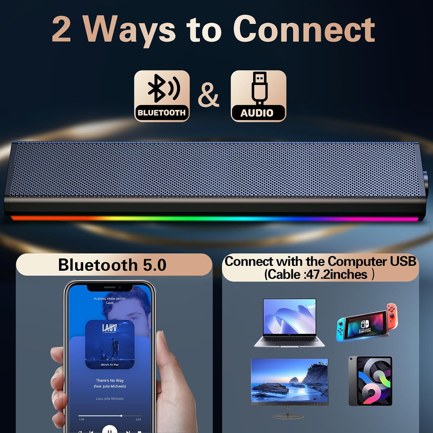 LENRUE Computer Speakers for Desktop,PC Speakers with Bluetooth,USB Wired Computer Speakers for PC Desktop Laptop Monitors,Gaming Speakers with Light and Dual Touch Tech (Type-C Adapter Included) - Image 3