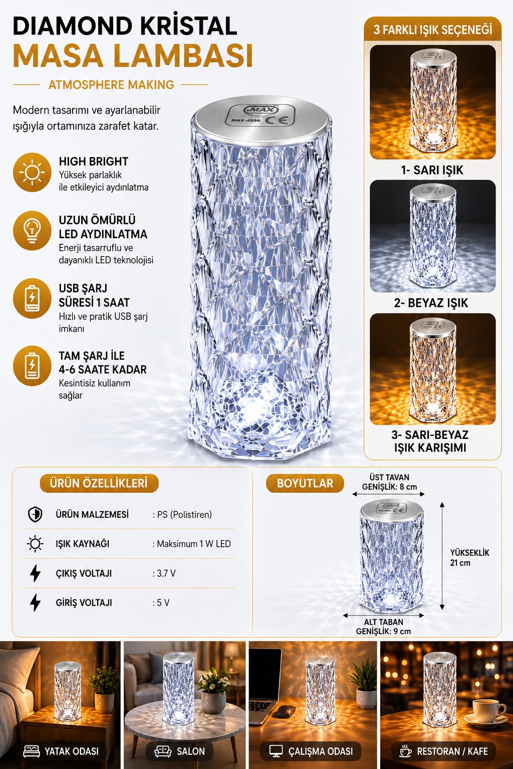 Led Şarjlı Masa Lambası, Kristal Masa Lambası, Dıamond Masa Lambası, Kablosuz, 3 Farklı renk Değişimi, Modern, Estetik, Taşınabilir, Karavan, Düğün, Nişan, Davet, Organizasyon, Bahçe Masa Lambası