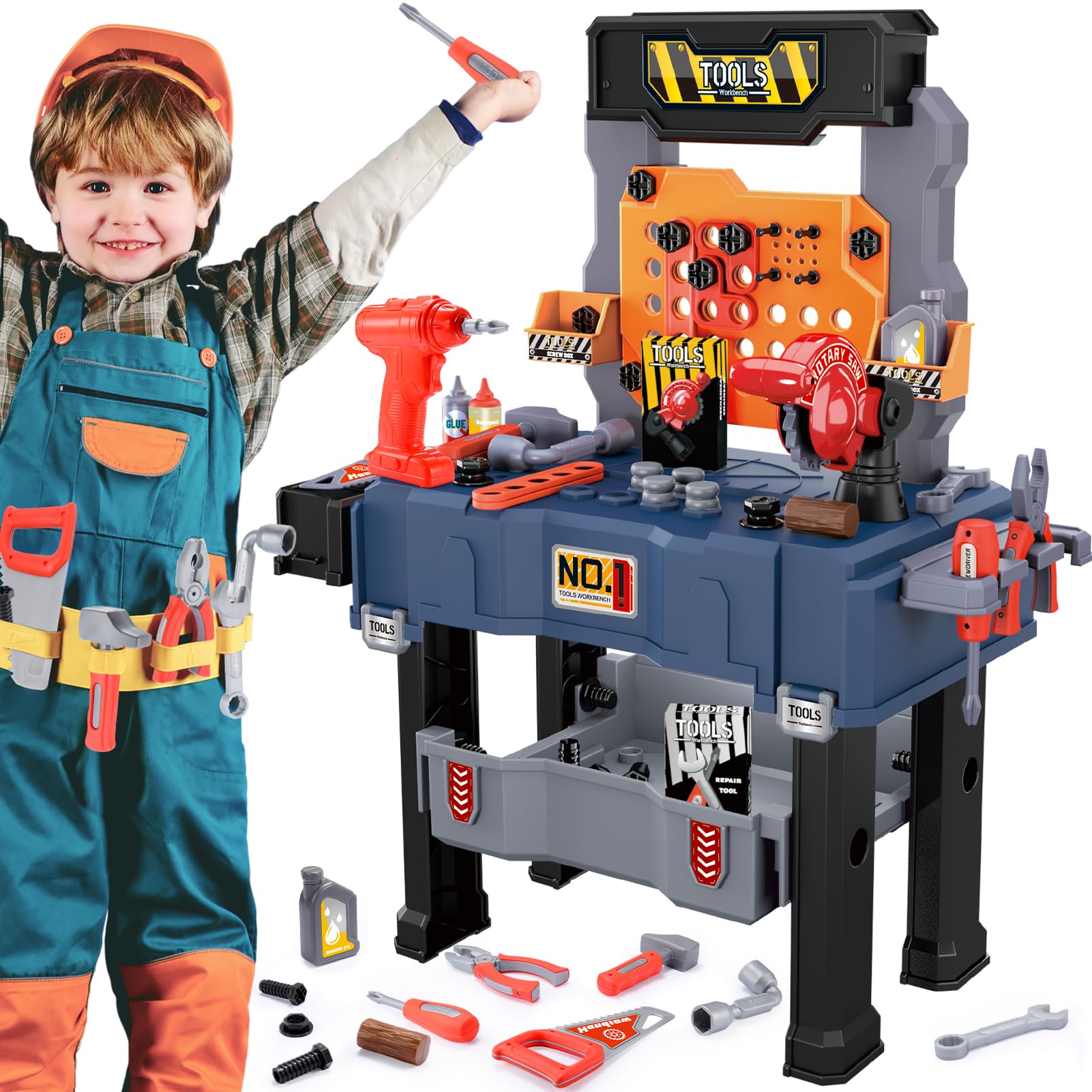 Kids Work Bench Tool Box: Toys for 3 4 5 6 Year Old Boys Kids Tool Set DIY Educational Set Foldable Tool Bench Boys Toys Age 3-6 Realistic Toy Tools, Gifts for 3 4 5 Year Old Boy Girls