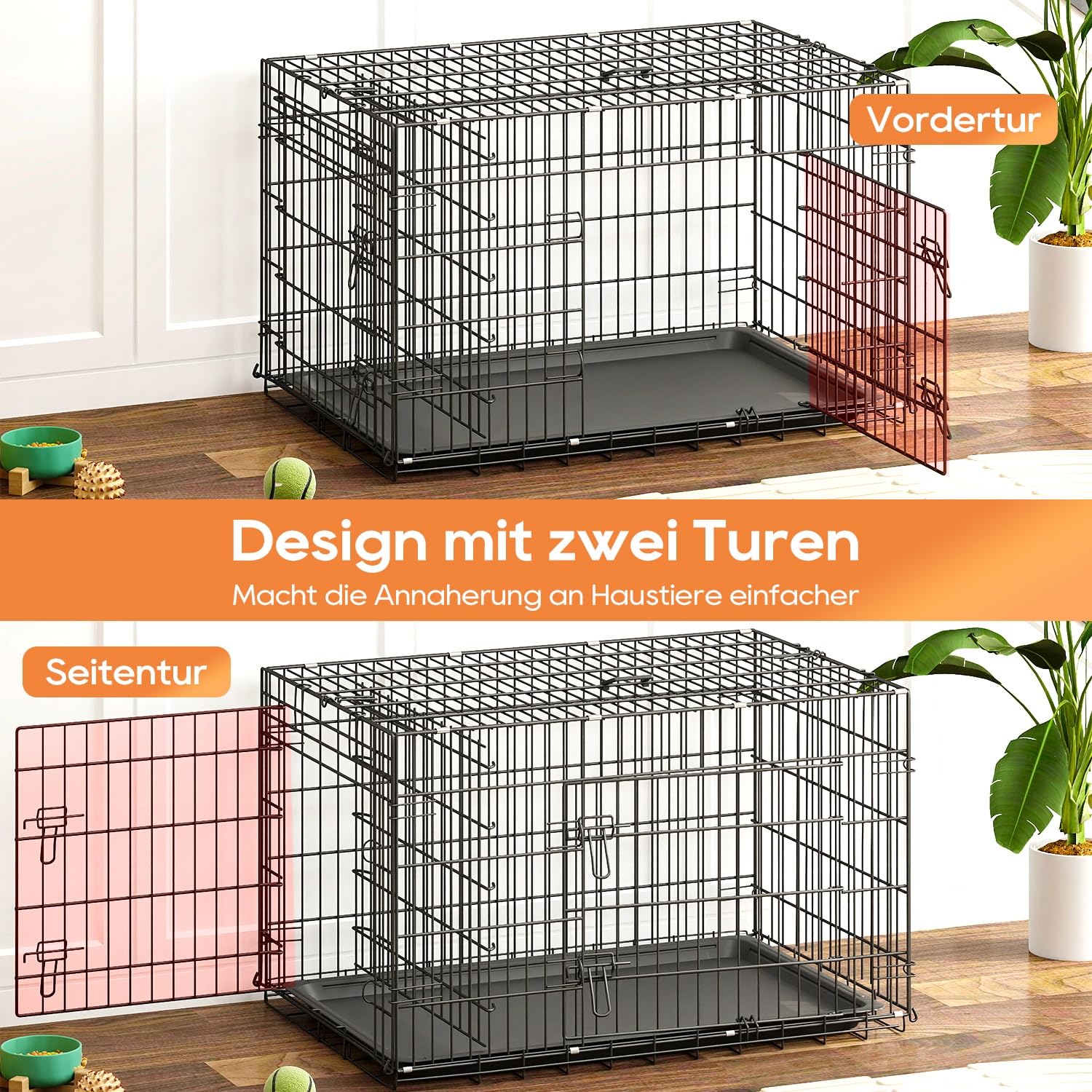 BestOffice Hundekäfig, klappbar, mit 2 Türen, ausziehbar Kunststofftablett und Griff, Hundetransportbox für Reisen, 107x69x76cm, XL, Transportbox- Haustiere, Innen und Außenbereich, Schwarz