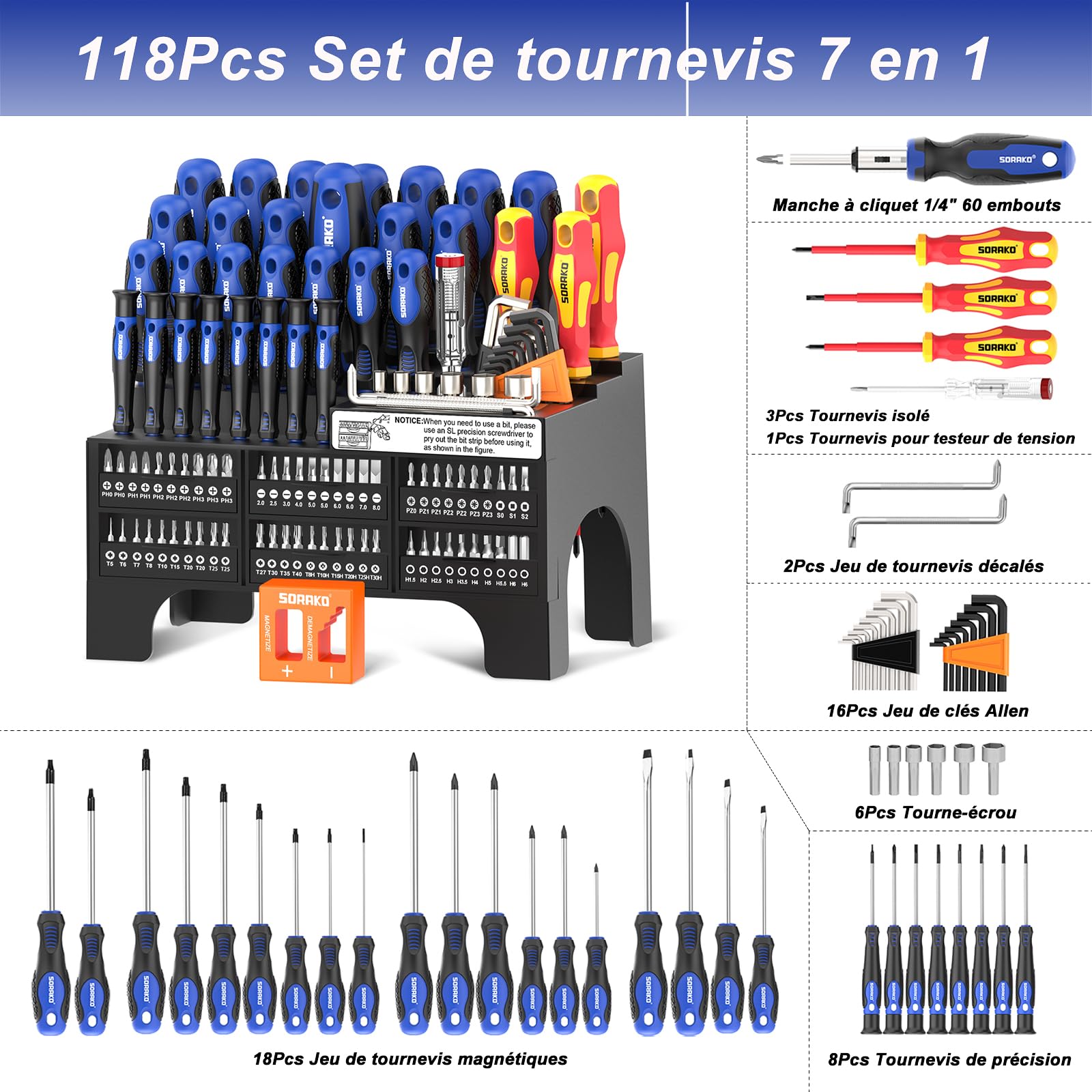 SORAKO Jeu de tournevis professionnel 118 pièces comprenant tournevis à cliquet, embouts de précision, électricien isolé, testeur de tension pour la maison, le bureau, l'entretien