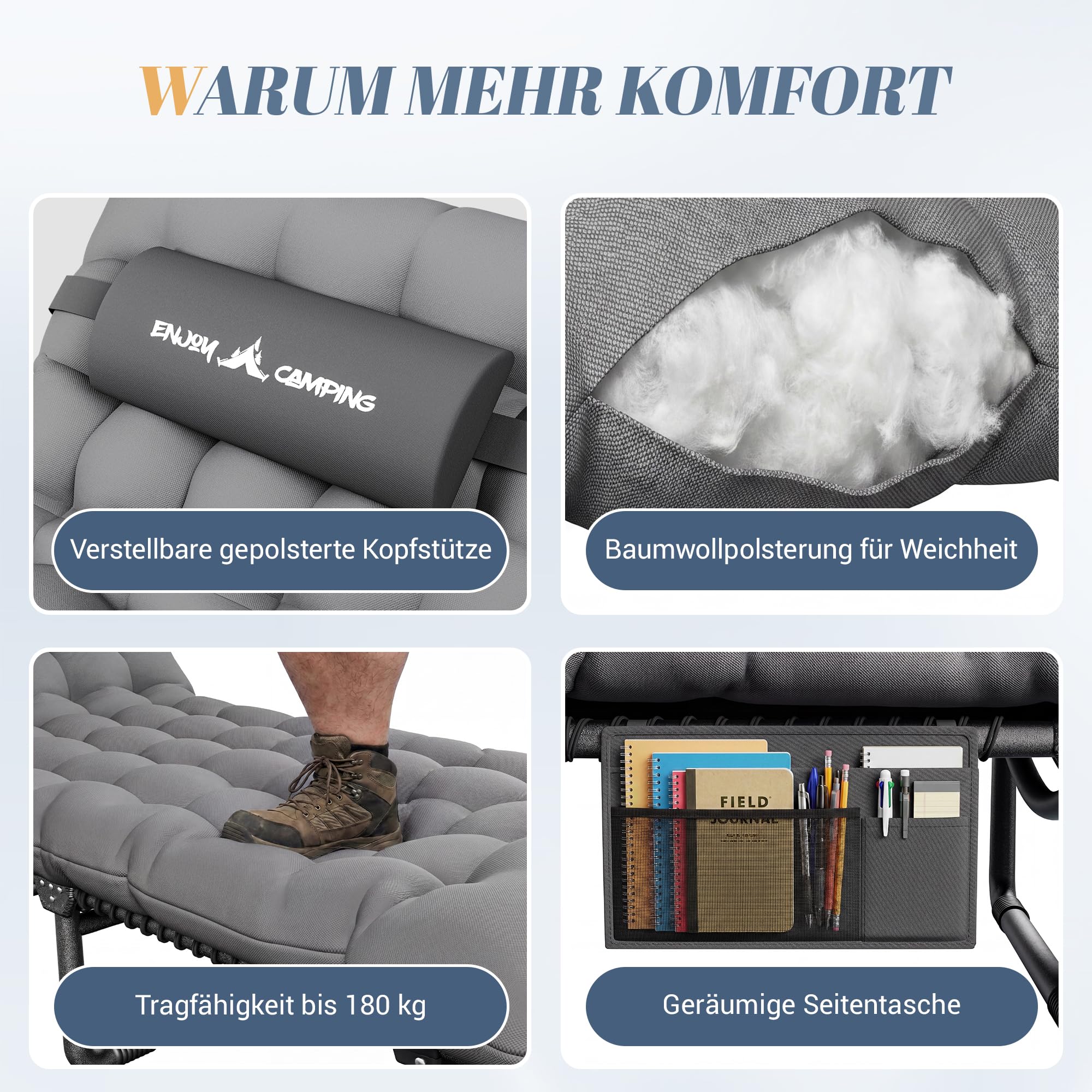 UDPATIO Camping Betten Feldbetten Klappbar, Liegestuhl Mit Auflage Polster, Gartenliege mit Verstellbarer Rückenlehne, Strandliege Campingliege für Outdoor Camping Grau