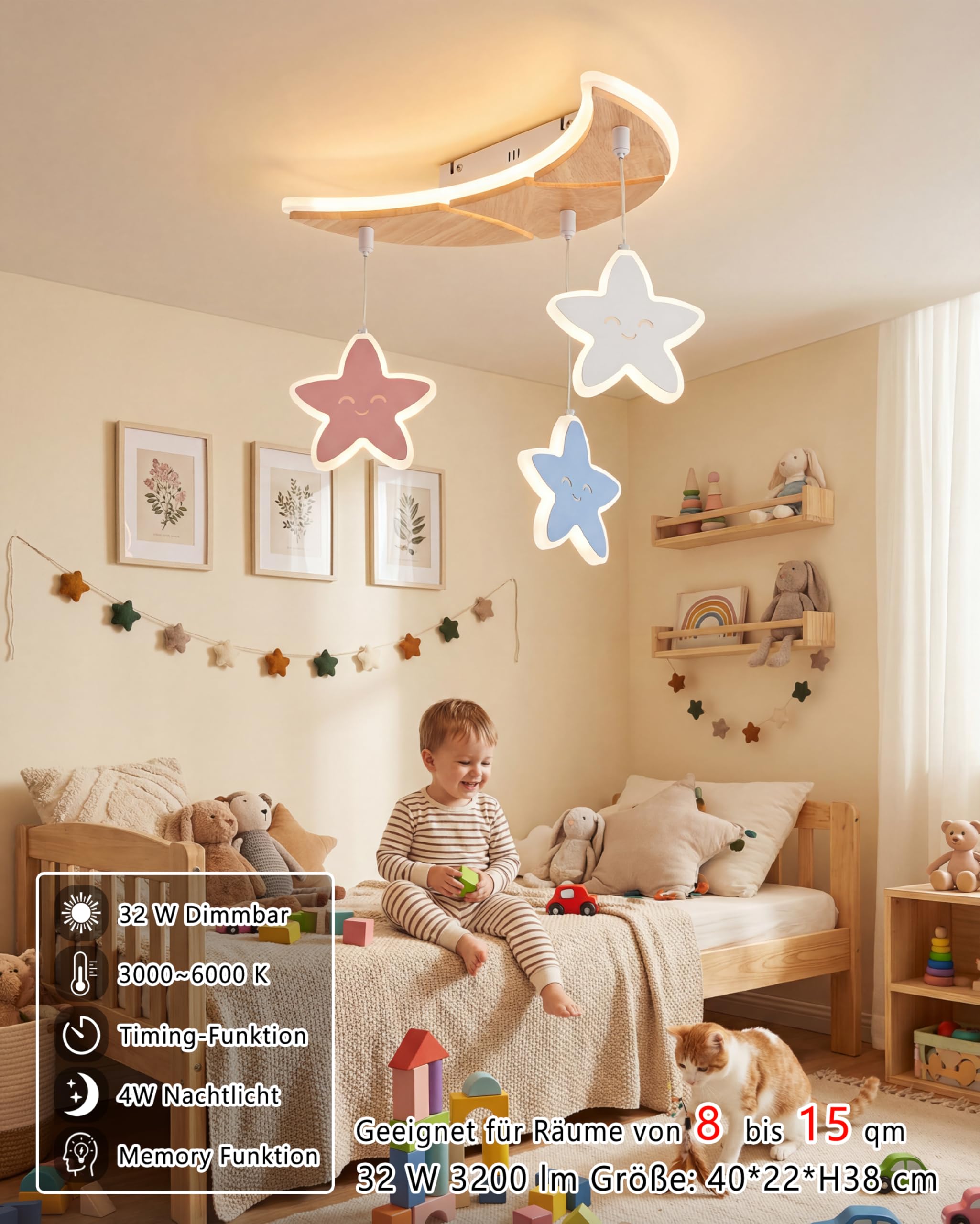 LED Deckenleuchte Stern Mond, 40cm 32W Holz Kinder Lampe Dimmbar 3000-6000K mit Fernbedienung, Für Kinderzimmer, Babyzimmer, Jugendzimmer, Schlafzimmer, Mit Memory-Funktion, 4W Nachtlicht