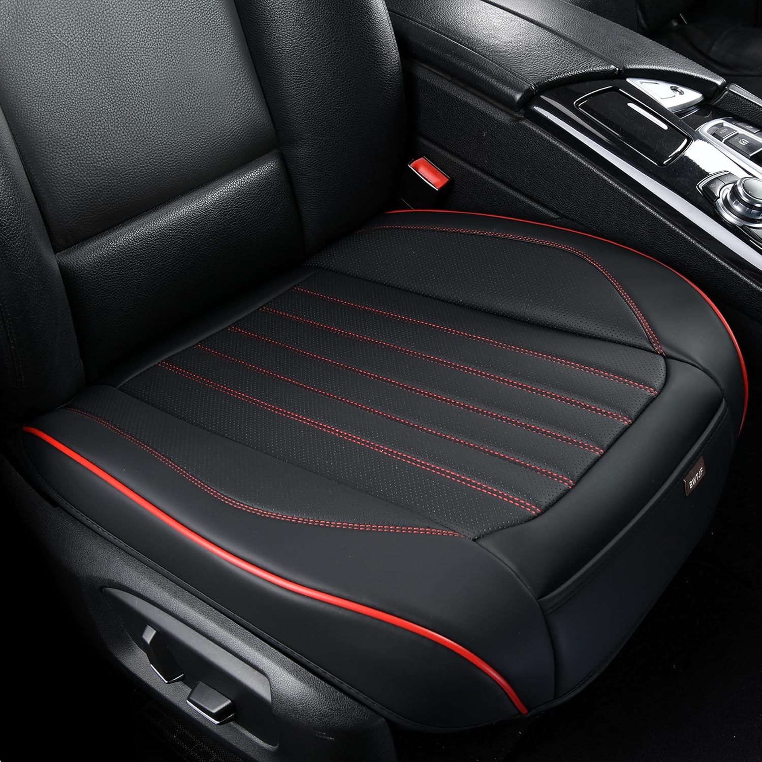Front Car Seat Bottom Covers 2 Pack, Universal Auto Seat Cushions, Nappa Leather Full Wrapping Edge Compatible with Most of Vehicles - SUVs/Sedans/Pickup Trucks, Black&Red Black&Red StyleA-Stripes