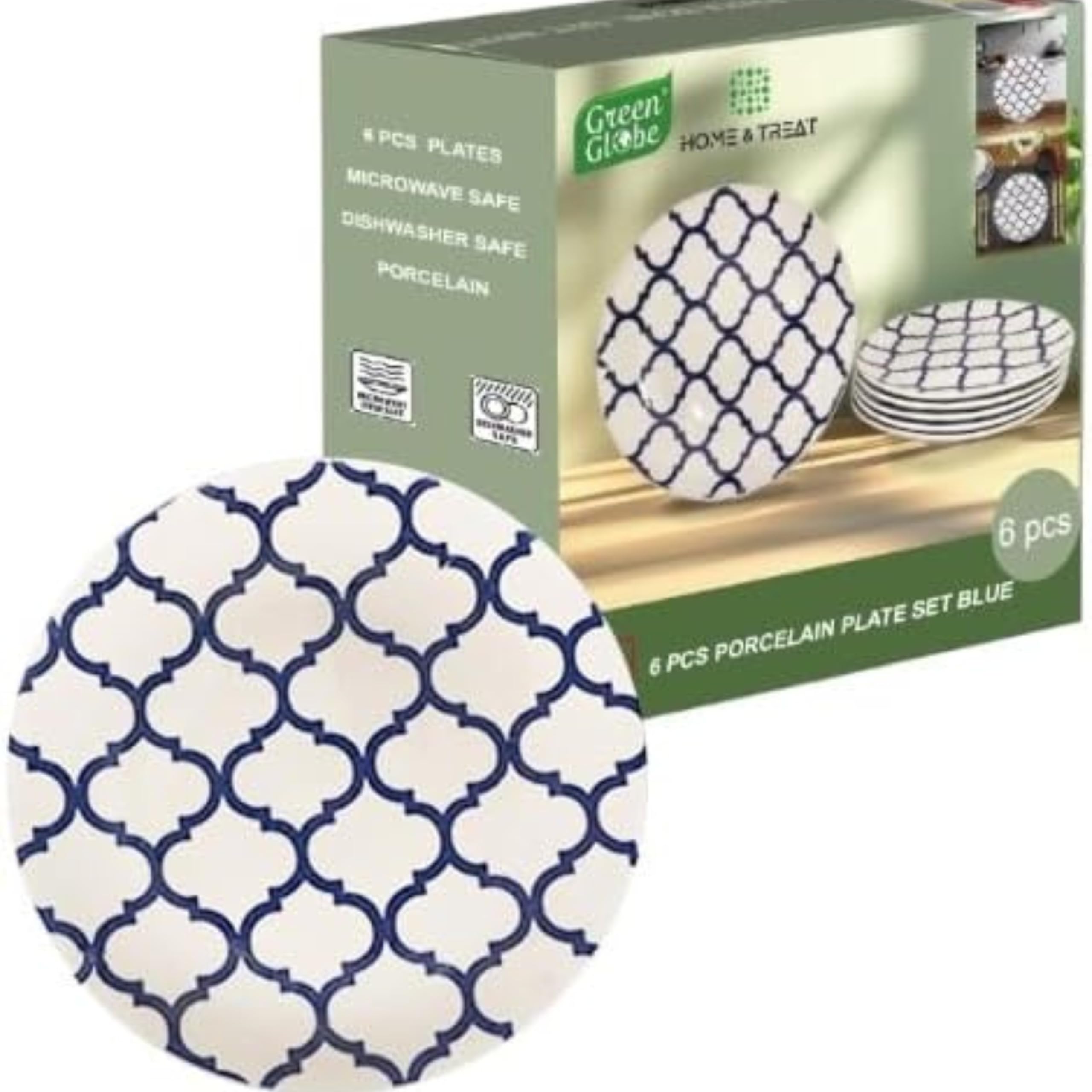 Premium Porcelain Ceramic Dinner Arabesque Pattern Plates Set of 6 – 10.5 Inch Scratch Resistant Dinnerware Warm Color Pasta Salad Dessert Plates for Appetizer – Dishwasher & Microwave Safe (Blue)