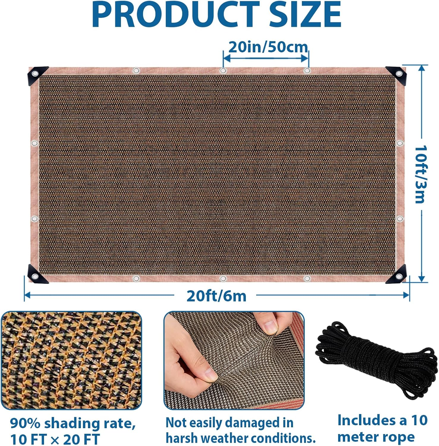 90% Sun Shade Cloth, 10 x 20 FT Pergola Shade Cover Canopy with Grommets, Sun Screen Fabric Tarp for Patio, Outdoor, Garden, Backyard, Mocha