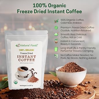 Z Natural Foods Organic Freeze-Dried Instant Coffee - Medium Roast, 0.5 lb | USDA Organic, Arabica Beans, Medium Roast, Freeze-Dried, Non-GMO, Gluten-Free, Single Ingredient, Enjoy Hot or Iced