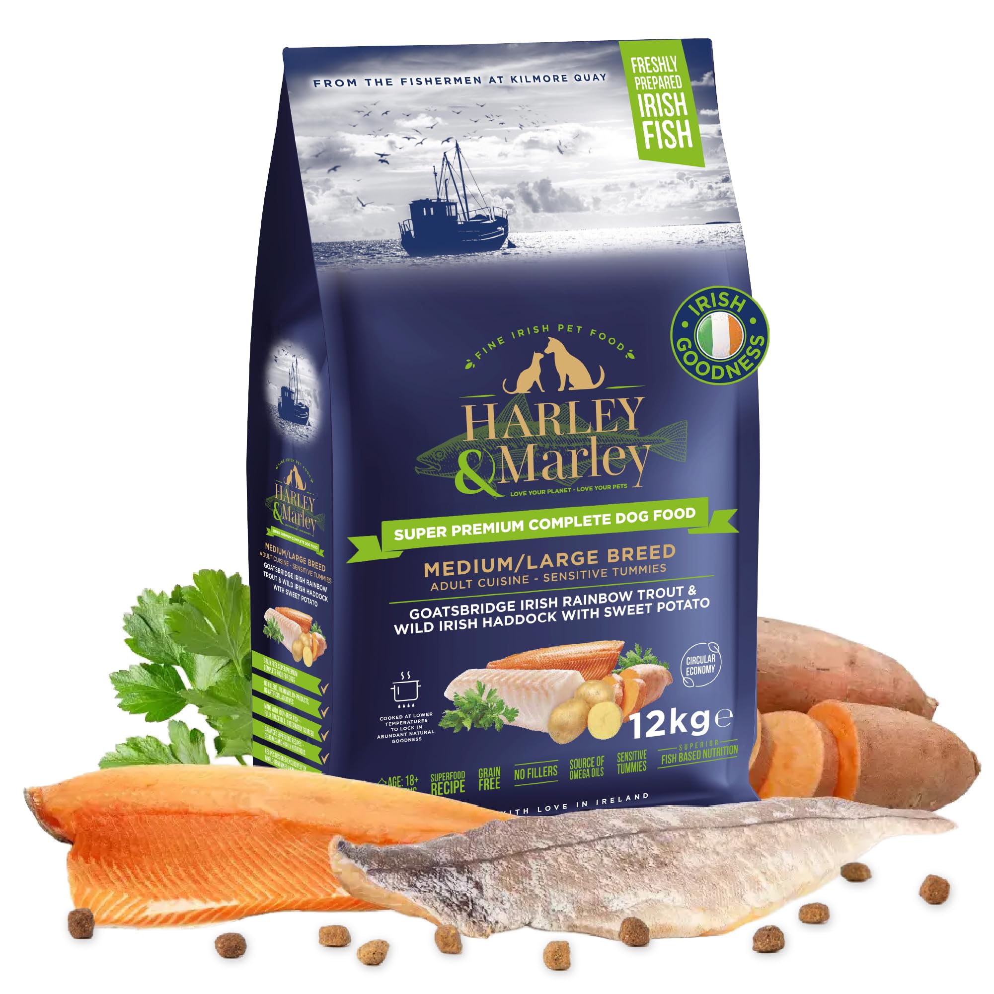 Harley & Marley Premium Complete Grain Free Dry Dog Food for Adult Dogs | Irish Rainbow Trout & Wild Irish Haddock with Sweet Potato | High Protein Fish Dog Food for Medium & Large Breeds | 12kg